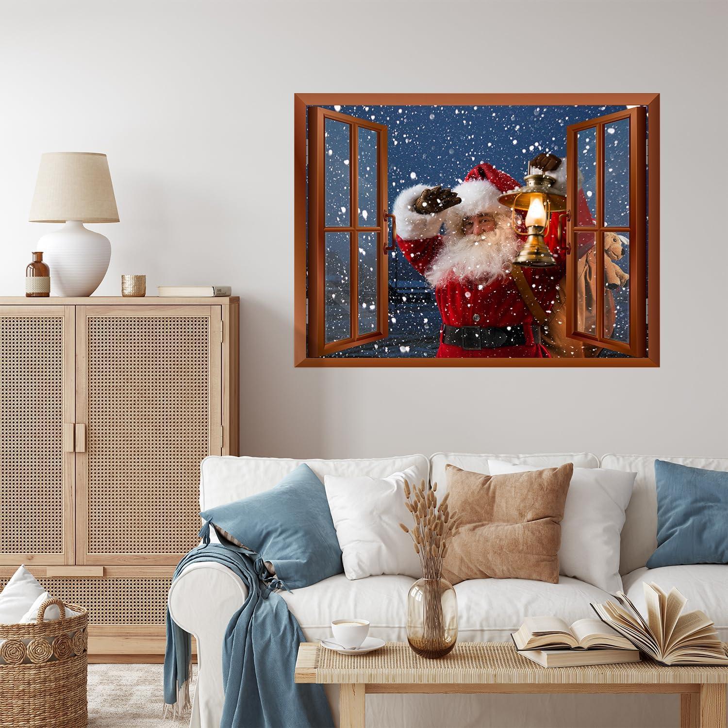 wall26 Removable Wall Sticker/Wall Mural - Santa Claus Carrying Gifts Outside of Window on Christmas Eve - Creative Window View Home Decor/Wall Decor - 24"x32"