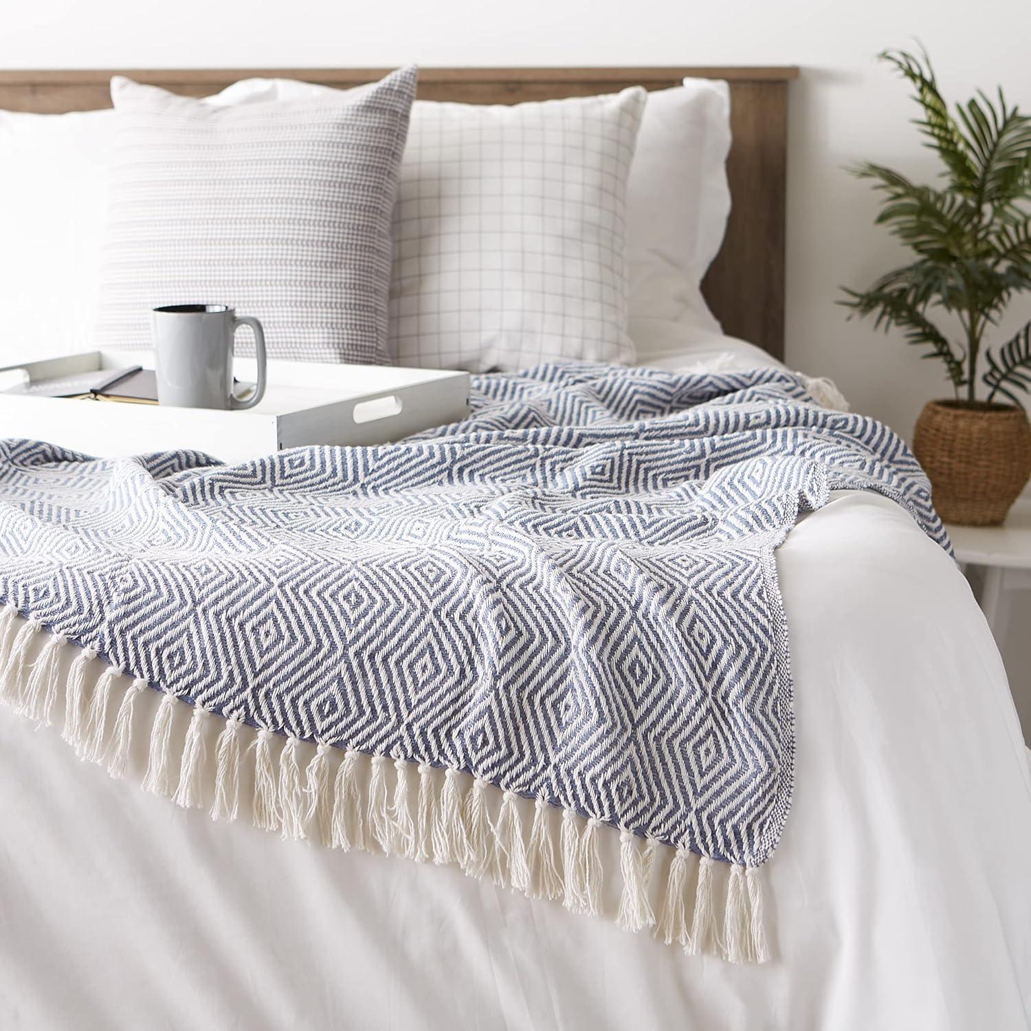 50"x60" Diamond Geometric Throw Blanket Stonewash Blue - Design Imports: Lightweight, Woven Cotton
