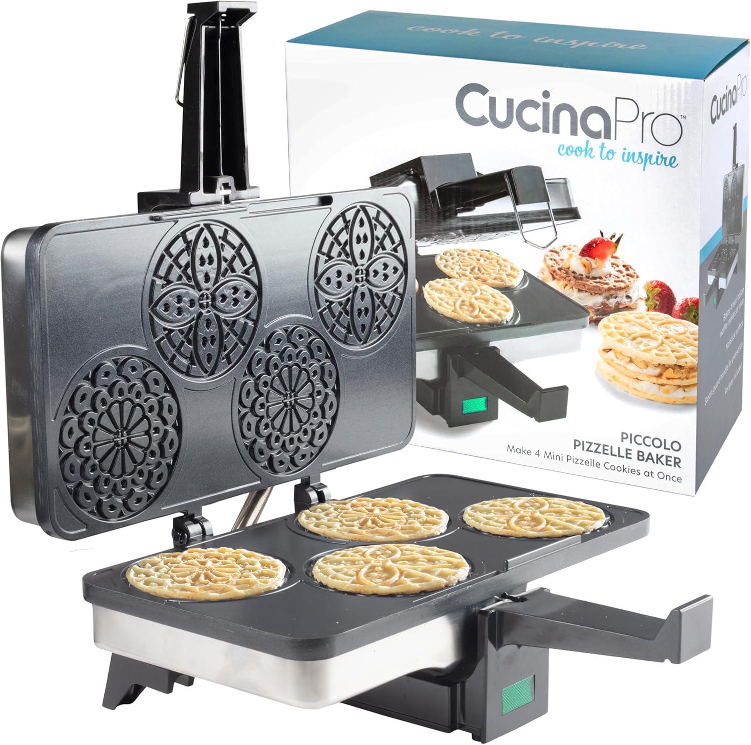 CucinaPro Piccolo Pizzelle Baker- Nonstick Electric Press Makes 4 Mini Cookies at Once w Recipe Guide - Fun Baking Supplies for Parties & Desserts