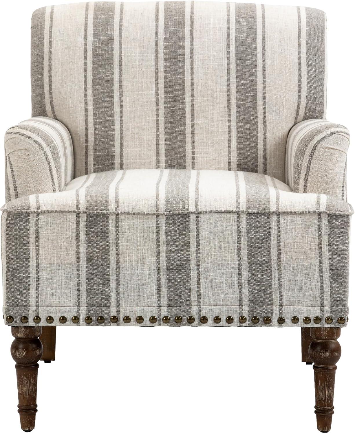 Gray Striped Barrel Accent Chair with Nailhead Trim