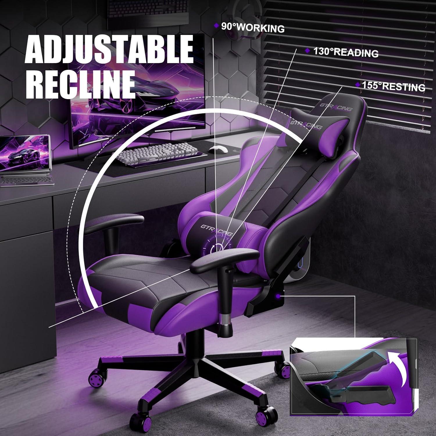 GTRACING Gaming Chair Office Chair PU Leather with Footrest & Adjustable Headrest, PURPLE