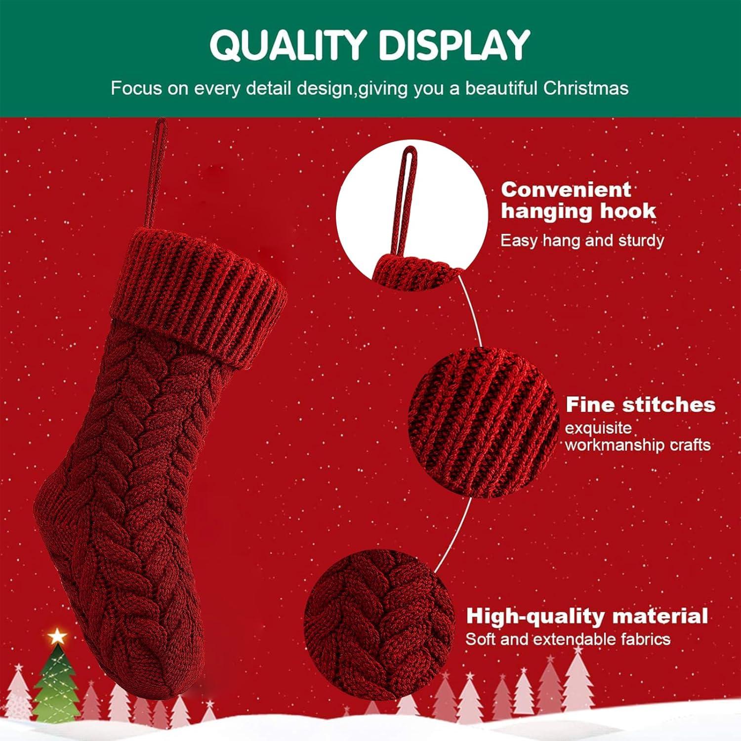 Husfou 4 Pack Christmas Knitted Splicing Stockings, 18 inch Large Cable Knitted Xmas Stockings Decorations for Indoor Family Holiday Christmas Party