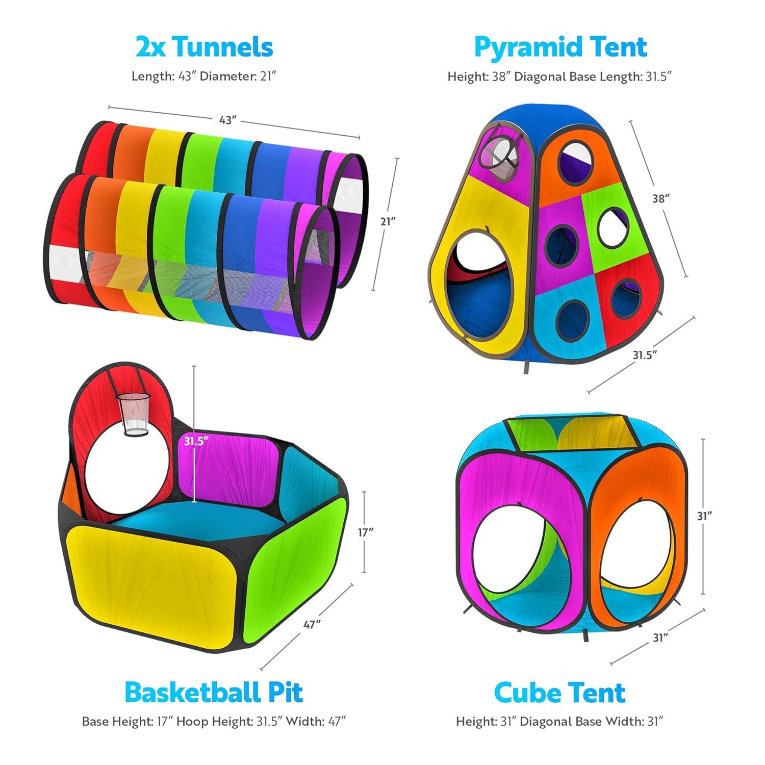 Playz 5pc Kids' Play Tents & Tunnels - Ball Pit for Toddlers, Basketball Hoop, Crawling Tubes, Pop-Up Playhouses, Baby Obstacle Course for Indoor or Outdoor Use