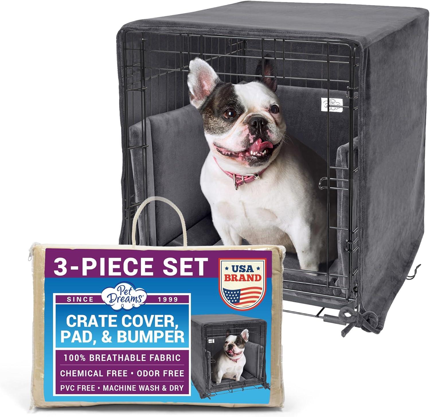Pet Dreams 3-Piece Set Includes Dog Crate Cover, Dog Mat & Bumper Pad- Washable Kennel Bedding fits iCrate Dog Cages 24, 30, 36, 42 Inch Grey, Small, 24"