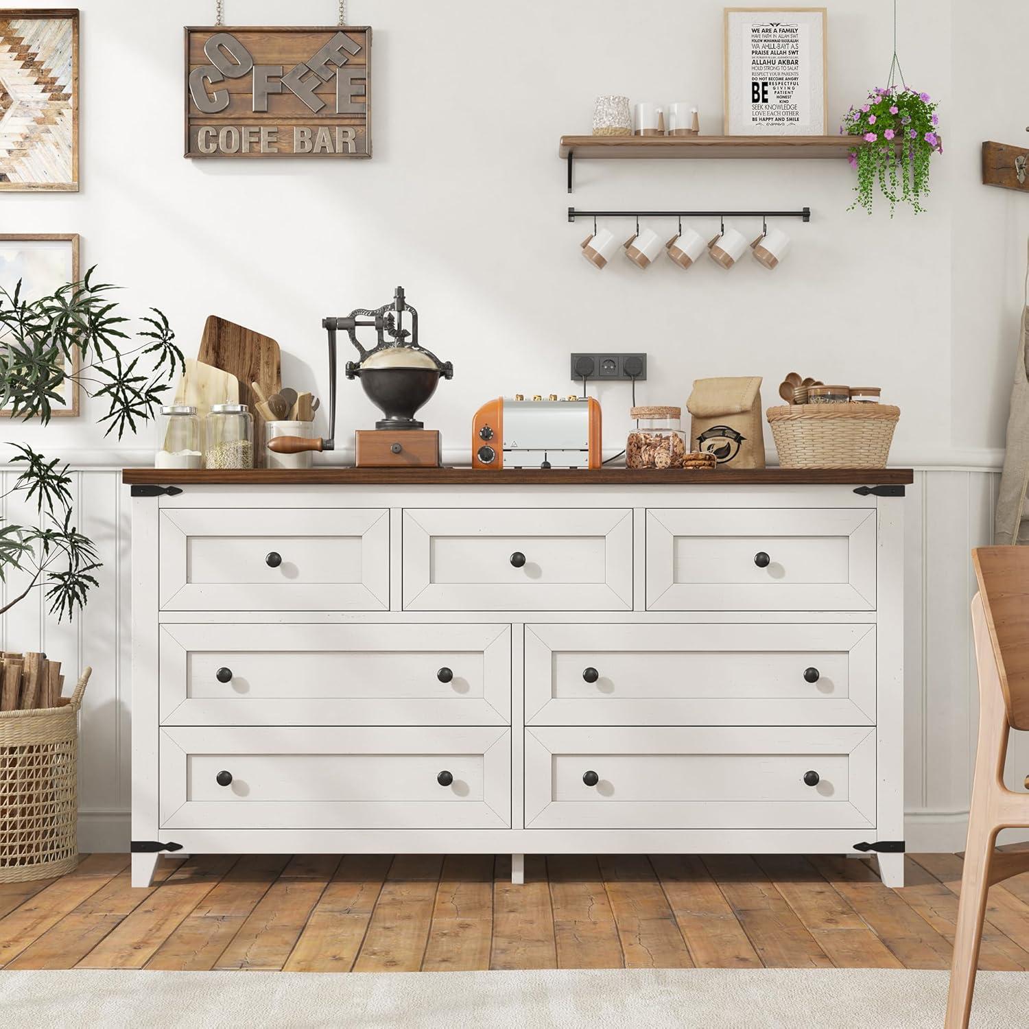 Wood Dresser For Bedroom With 7 Drawers, Farmhouse Chest Of Drawers