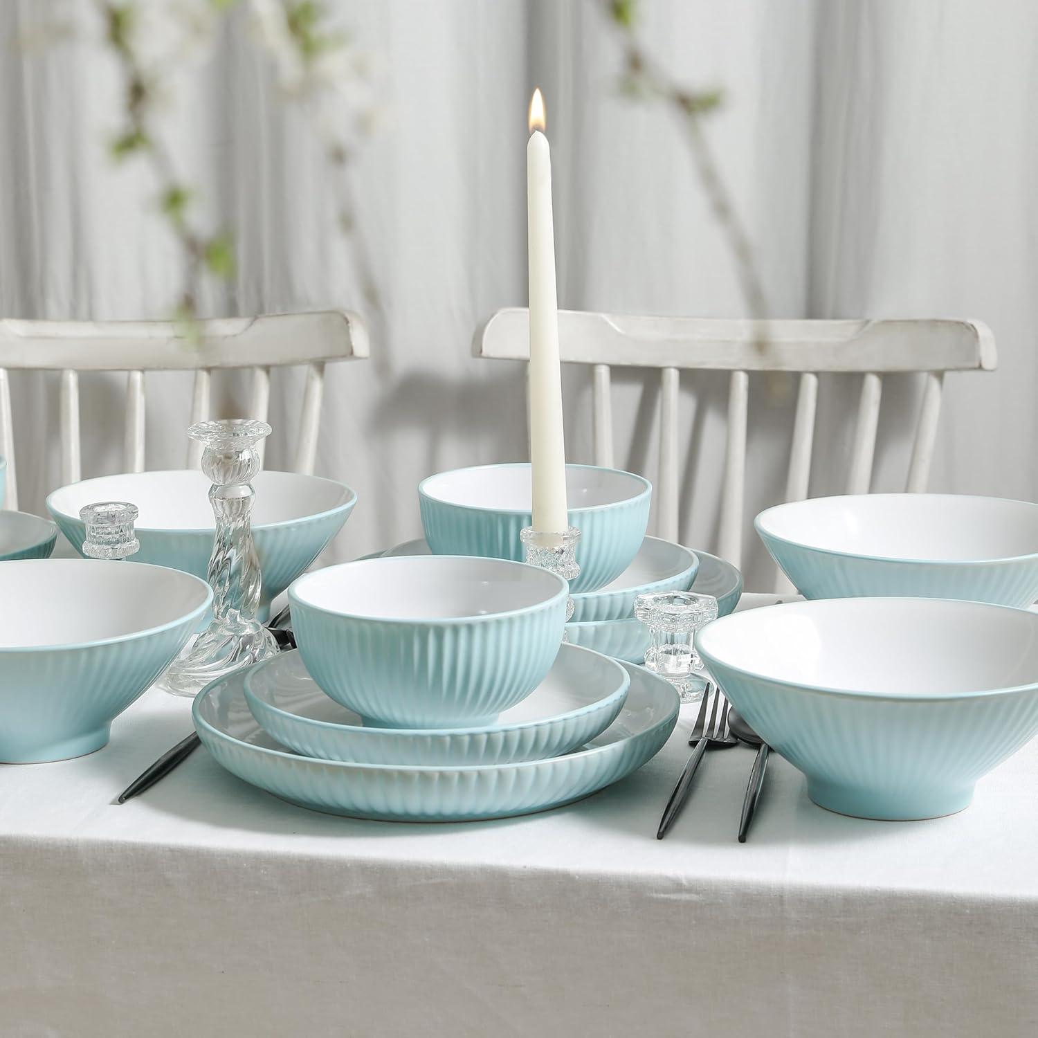 Teal Ceramic Ridged 16-Piece Dinnerware Set for 4