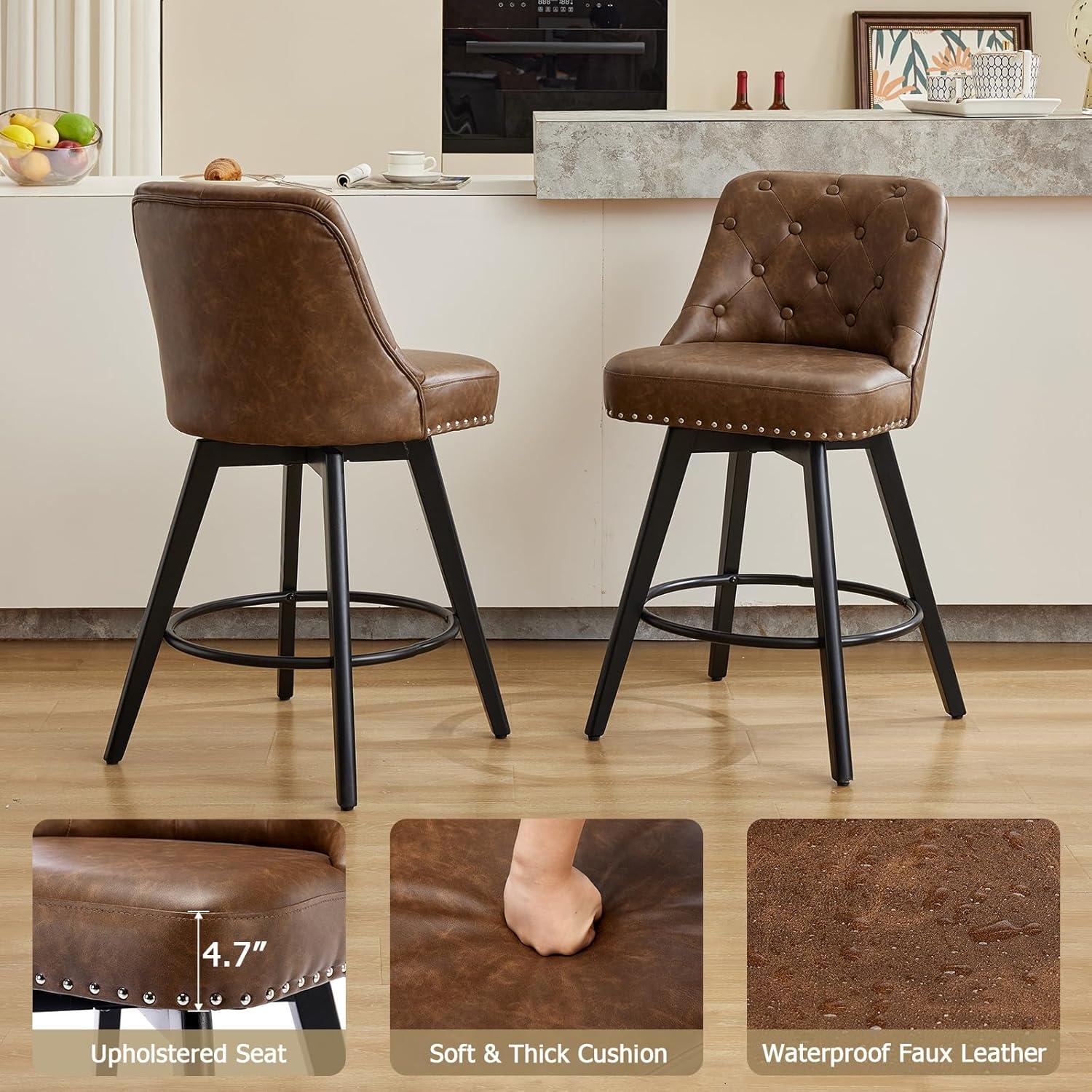 Counter Bar Stools Set of 2, Modern Swivel Bar Stools with Back and Wood Legs, 26" H Upholstered Bar Chair for Kitchen Island Home Bar, Leather Brown