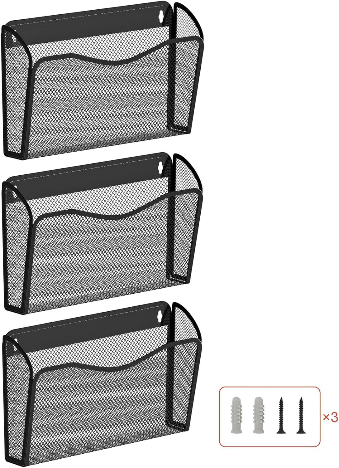 Black Metal Mesh 3-Pocket Wall File Organizer