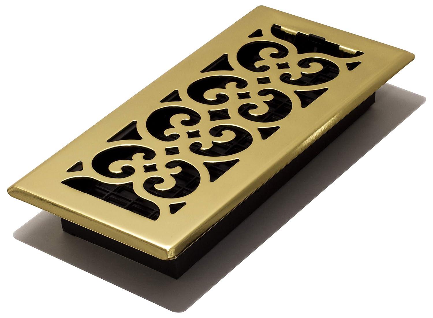 Decor Grates 4" x 10" Scroll Design Bright Brass Finish Steel Plated Floor Register