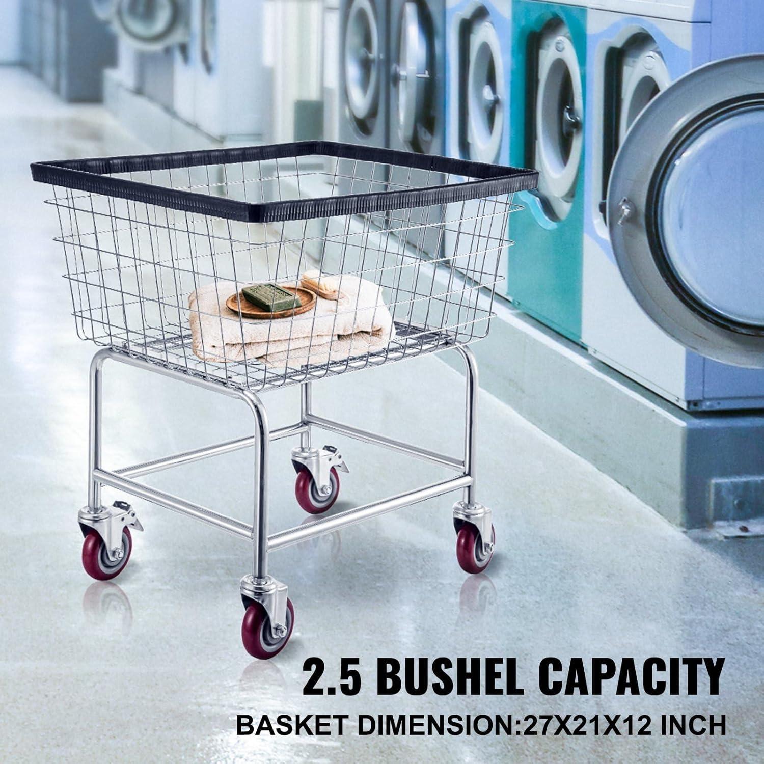 Wire Laundry Cart, 2.5 Bushel Wire Laundry Basket with Wheels, 21''x27''x27.5'' Commercial Wire Laundry Basket Cart, Steel Frame with Chrome Finish, 4inch Casters, Wire Basket Cart For Laundry