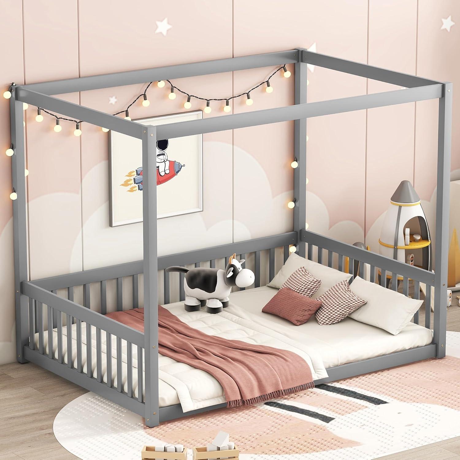 Canopy Frame Twin Size Floor Bed for Kids Bedroom,Wood Bed Frame with Fence for Boys/Girls/Teens,No Box Spring Needed,Natural