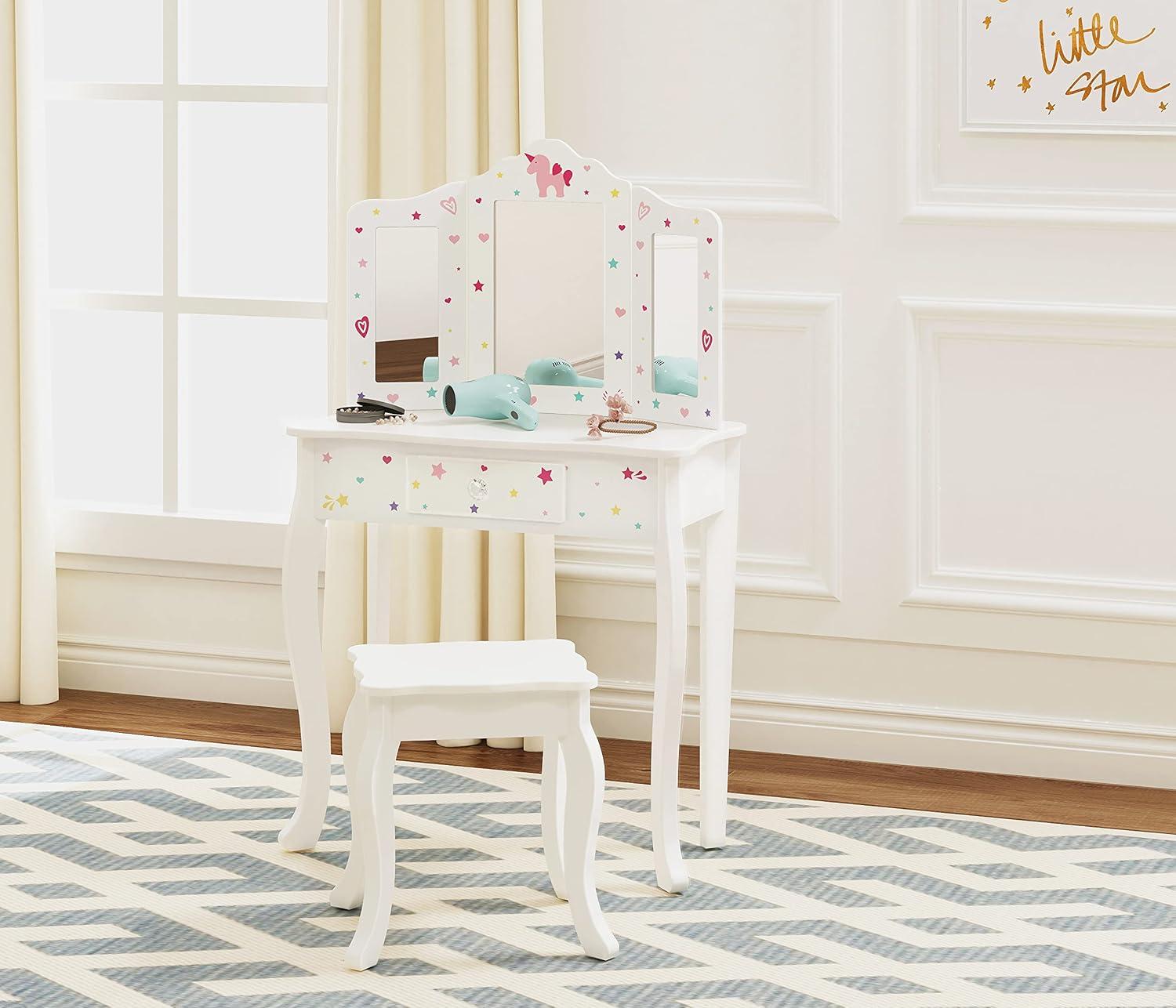 White Princess-Themed Kids Vanity Table and Chair Set with Mirror