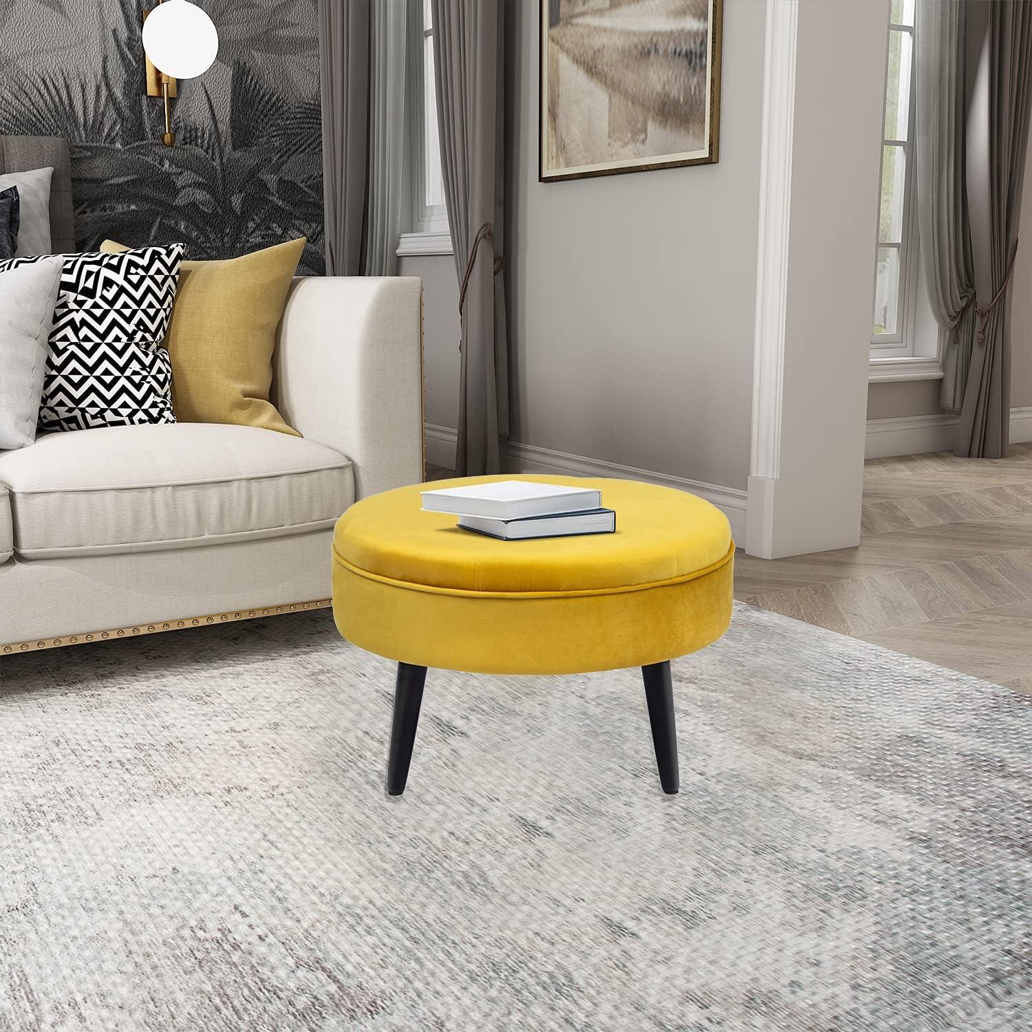 Joveco Small Round Ottoman, Velvet Upholstered Footrest Stool Seat with Wooden Legs, Vanity Stool Coffee Table for Bedroom Living Room (Yellow)