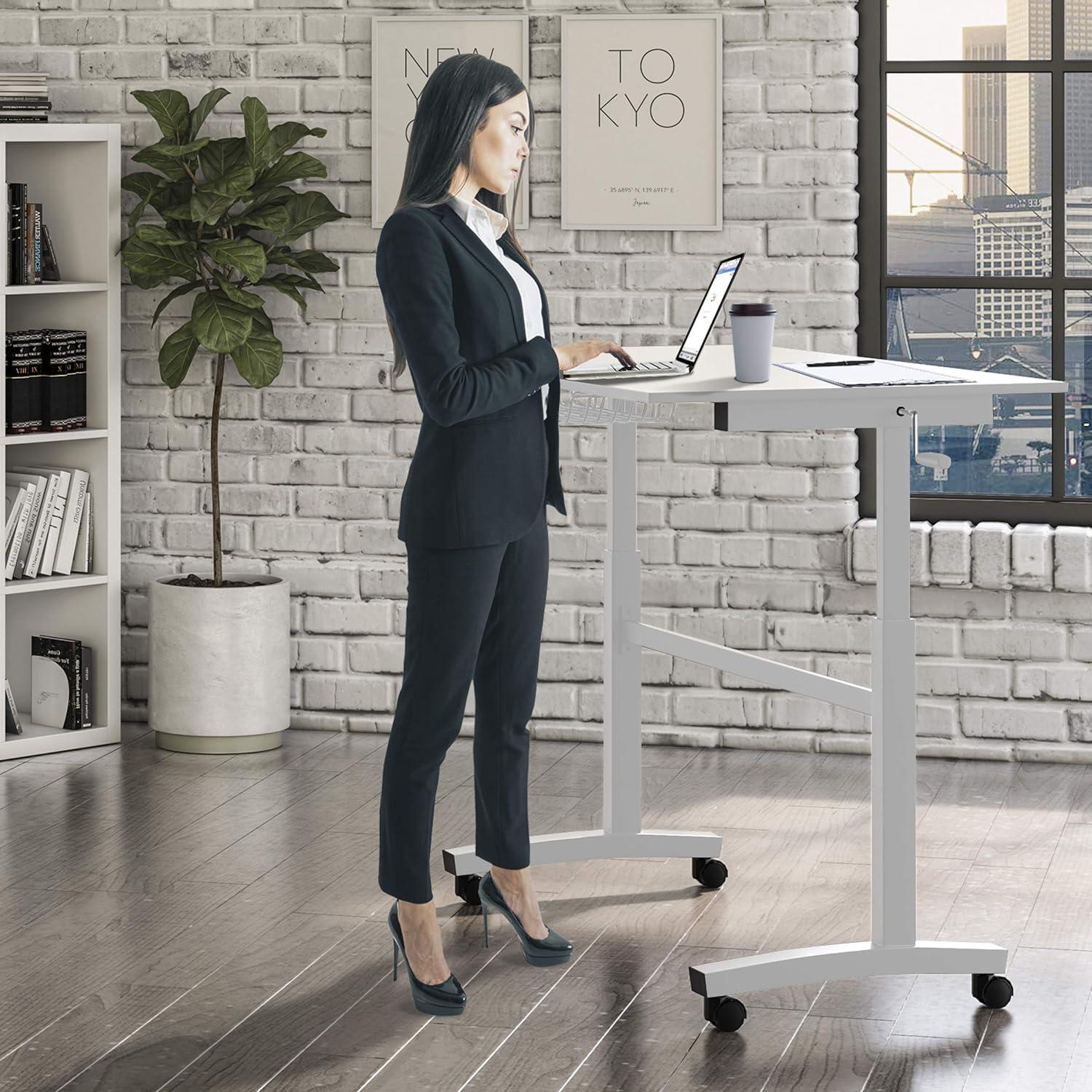 ErgoFlex White Adjustable Height Desk with Smooth Mobility Casters