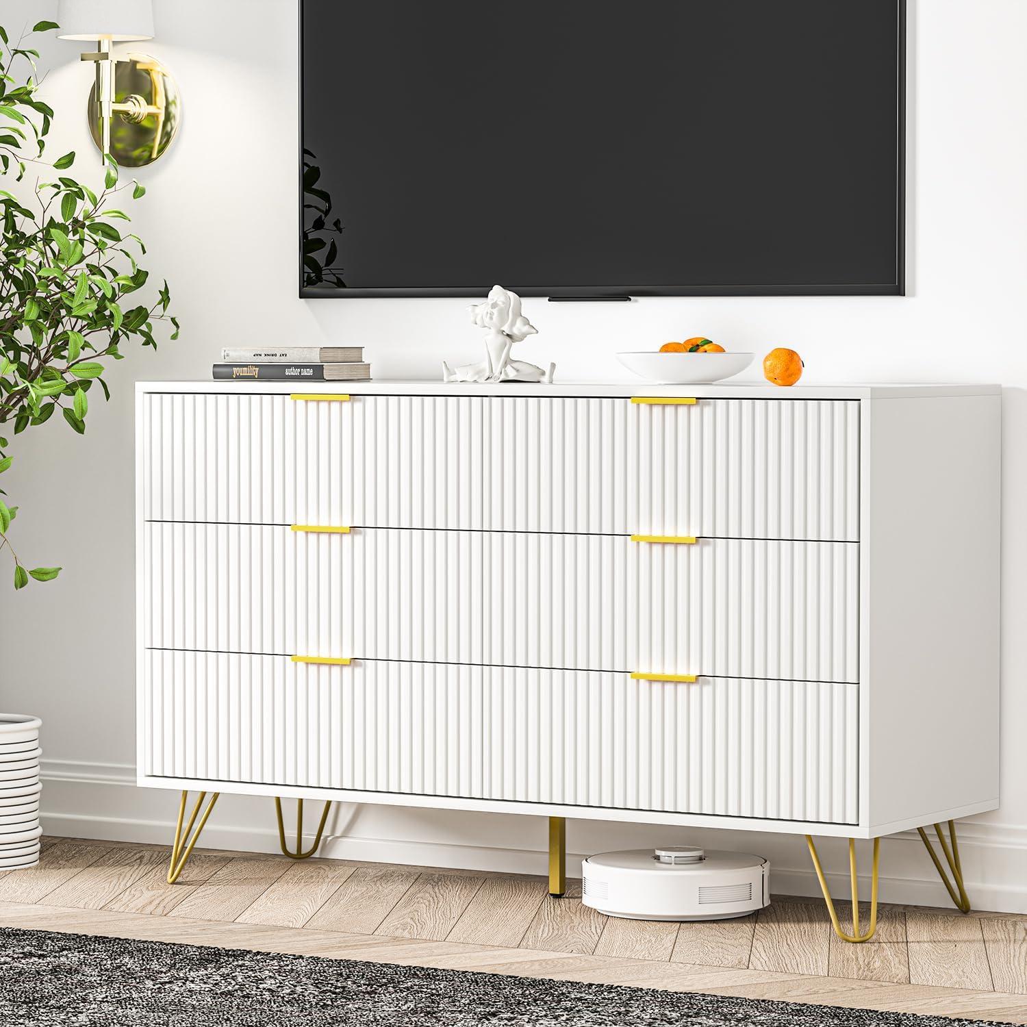 White Fluted 6-Drawer Dresser with Gold Handles