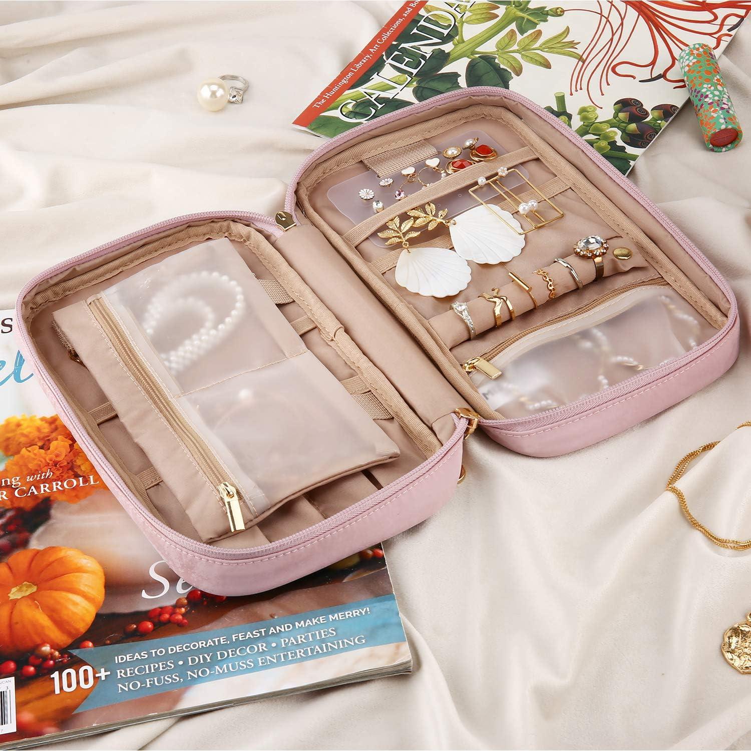 Jewelry Organizer Case Travel Jewelry Storage Bag for Necklace, Earrings, Rings, Bracelet, Soft Pink