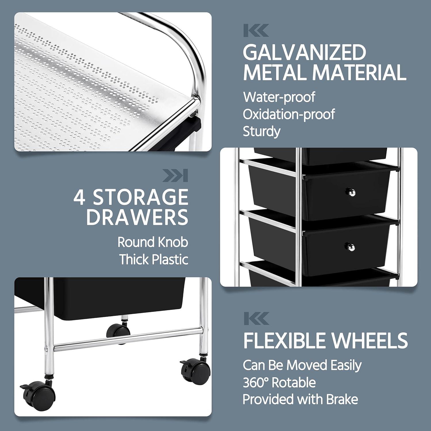 Yaheetech 4 Drawers Rolling Storage Cart Metal Frame Plastic Drawers for Office Home Study,Black