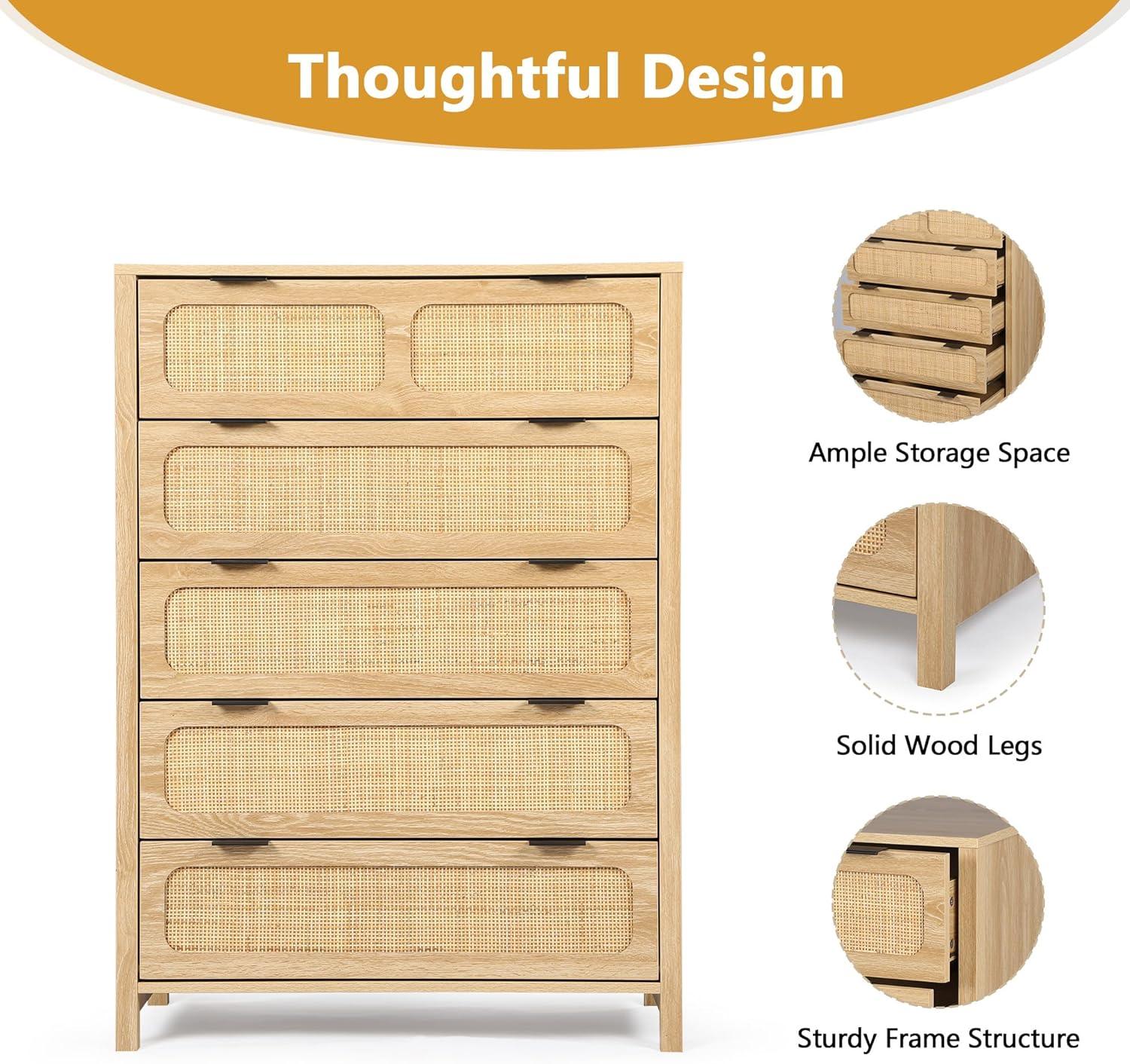 Natural Wood and Rattan 5-Drawer Storage Cabinet