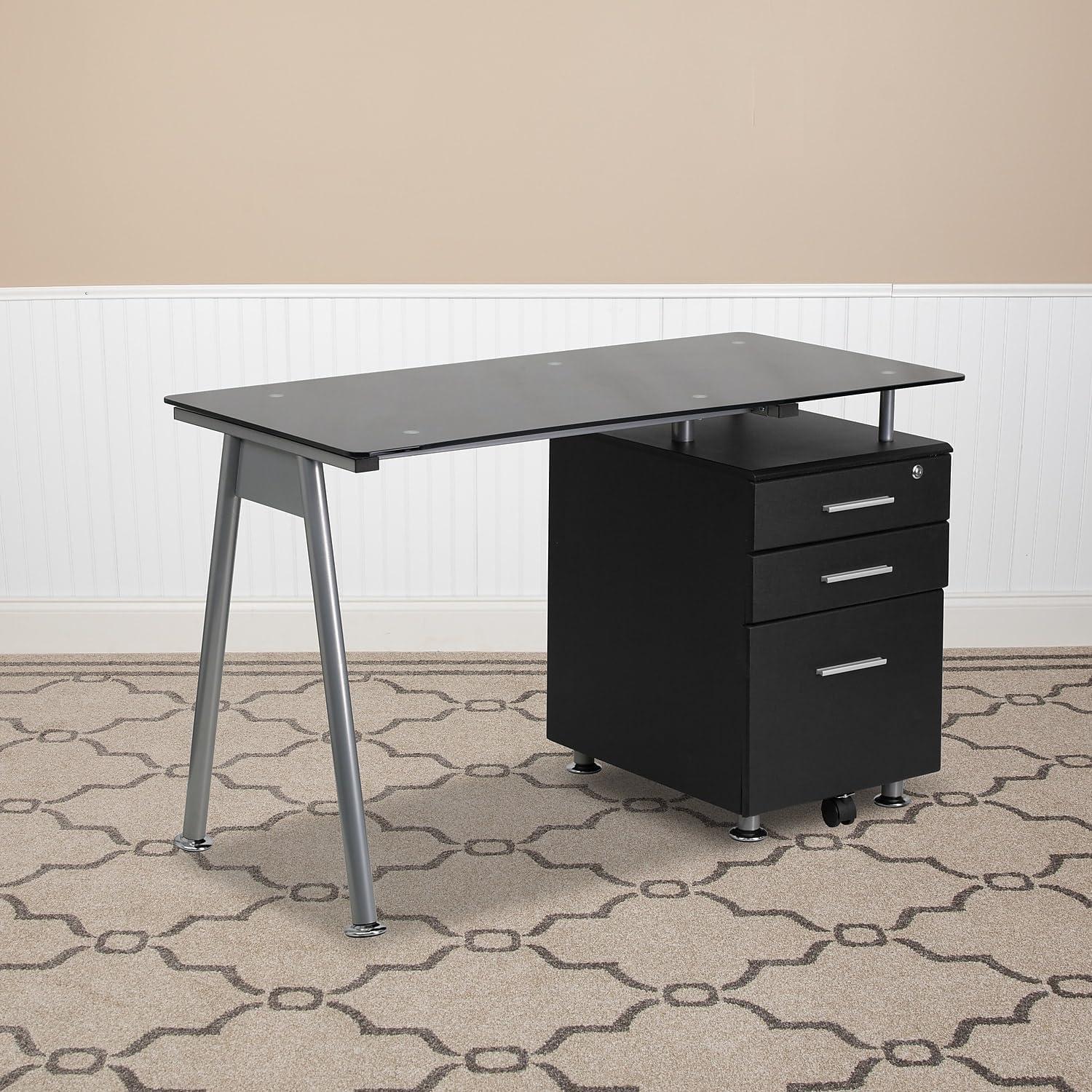 Emma and Oliver Black Glass Computer Desk with Three Drawer Pedestal
