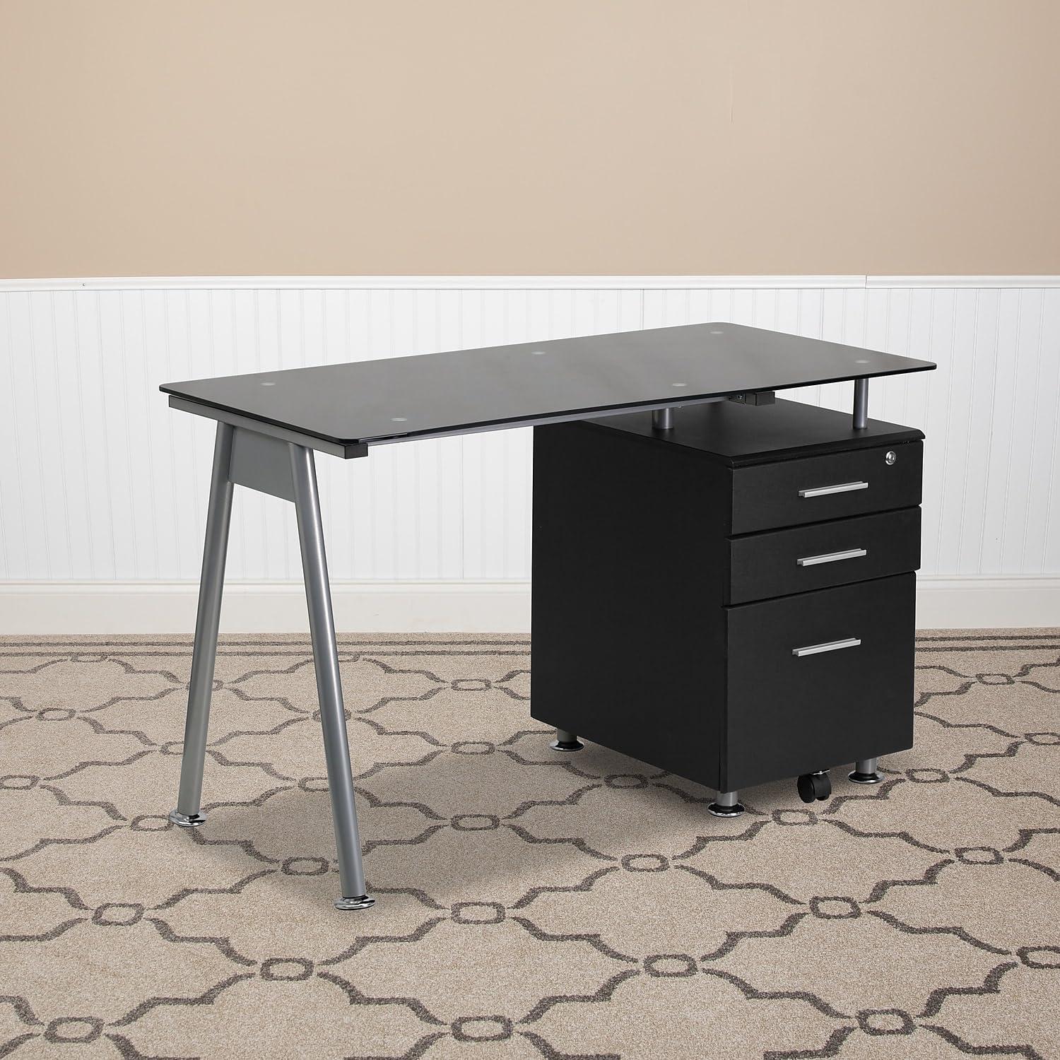 Emma and Oliver Black Glass Computer Desk with Three Drawer Pedestal