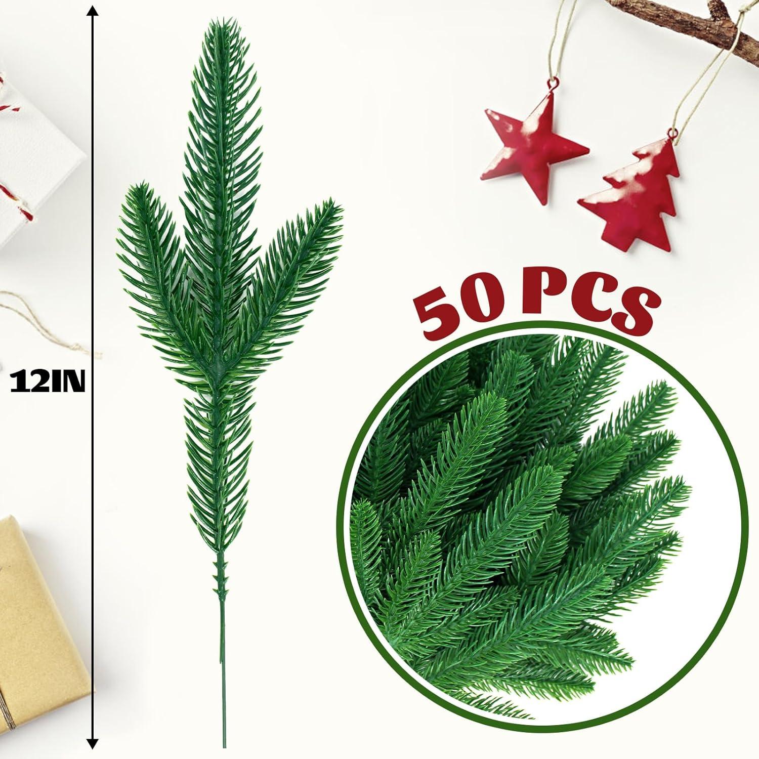 50 Pcs Artificial Pine Branches Christmas Pine Needles Green Plants Fake Greenery Pine Picks Christmas Decorations for DIY Garland Wreath Xmas Embellishing and Home Garden Decoration