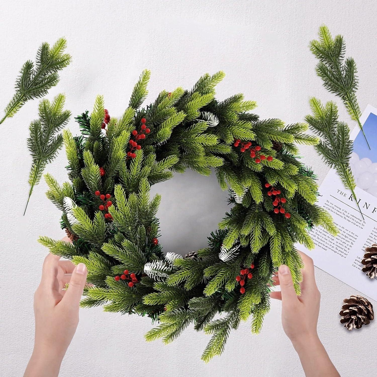 50 Pcs Artificial Pine Branches Christmas Pine Needles Green Plants Fake Greenery Pine Picks Christmas Decorations for DIY Garland Wreath Xmas Embellishing and Home Garden Decoration