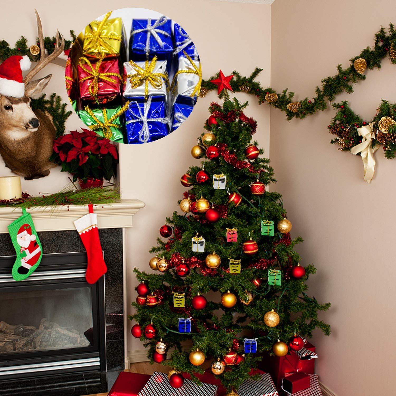 100 Pcs Christmas Shiny Mini Boxes Ornaments- Assorted Colors Metallic Foil Wrapped Ornaments Decoration Boxes for Christmas Tree Hanging Decorations