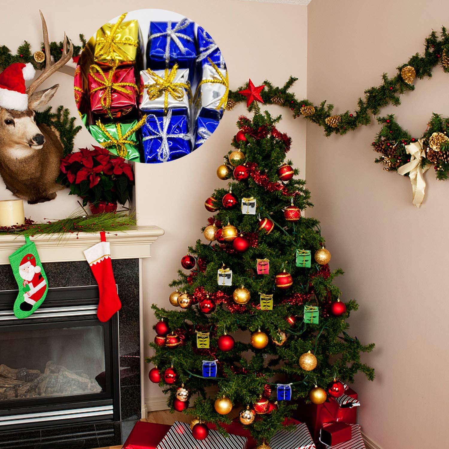 100 Pcs Christmas Shiny Mini Boxes Ornaments- Assorted Colors Metallic Foil Wrapped Ornaments Decoration Boxes for Christmas Tree Hanging Decorations