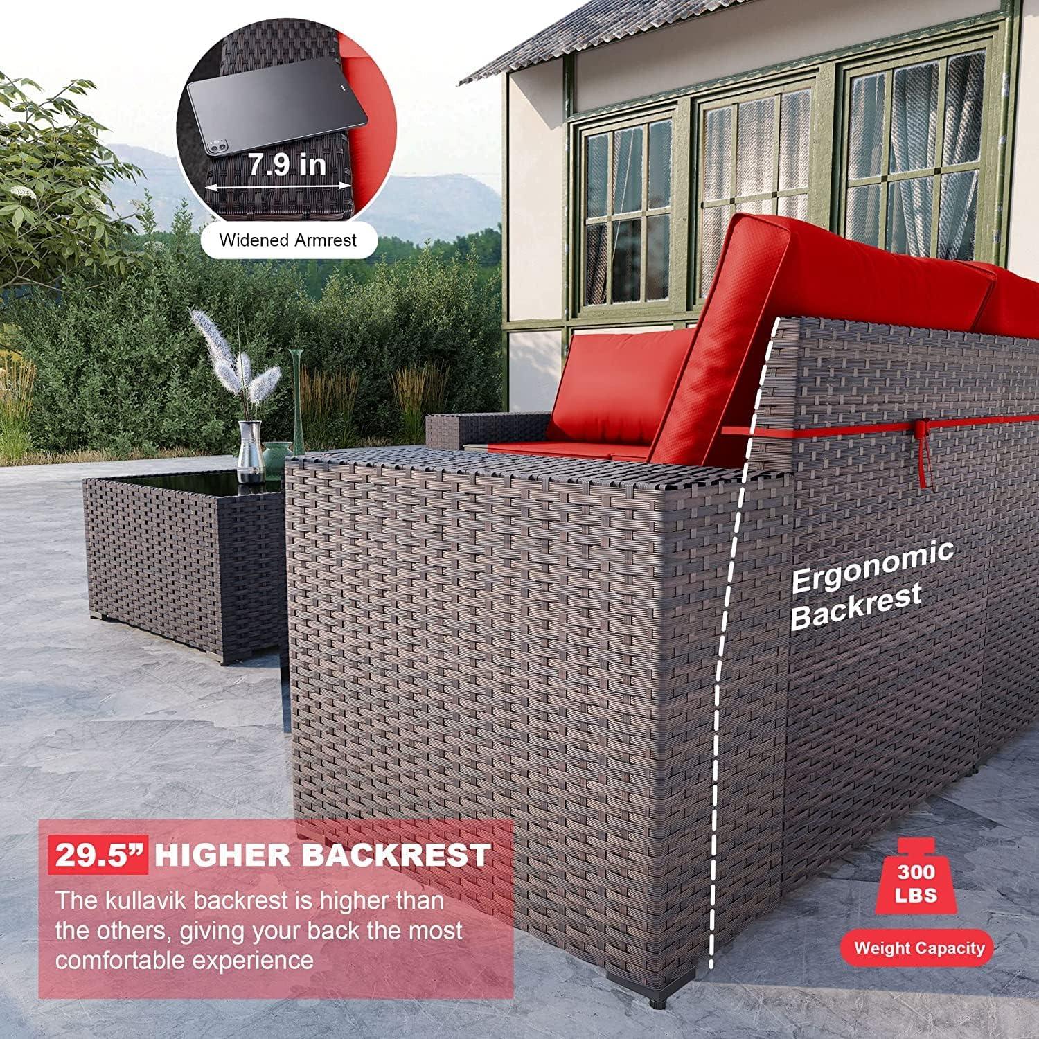 Kullavik 9 Pieces Outdoor Patio Furniture Set Outdoor Sectional Rattan Sofa Set Brown Manual Wicker Patio Conversation Set with Navy Blue Cushions,1 Tempered Glass Tea Table and Cushions Covers