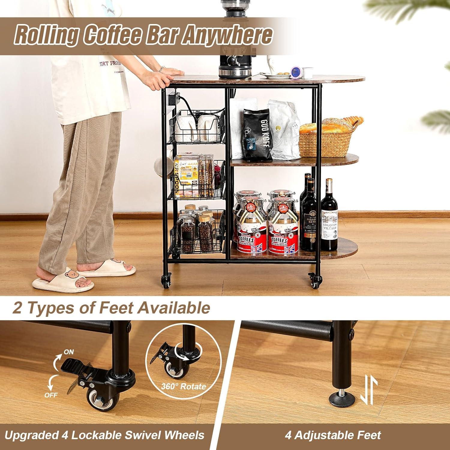 Kitchen Bakers Rack with Power Outlet, Microwave Stand with 3 Pull-Out Fruit Basket Storage, Coffee Bar Carts Table on 4 Wheels, 6 S-Hook Storage Shelf for Spice Rack Organizer Workstation, 33.9 inch