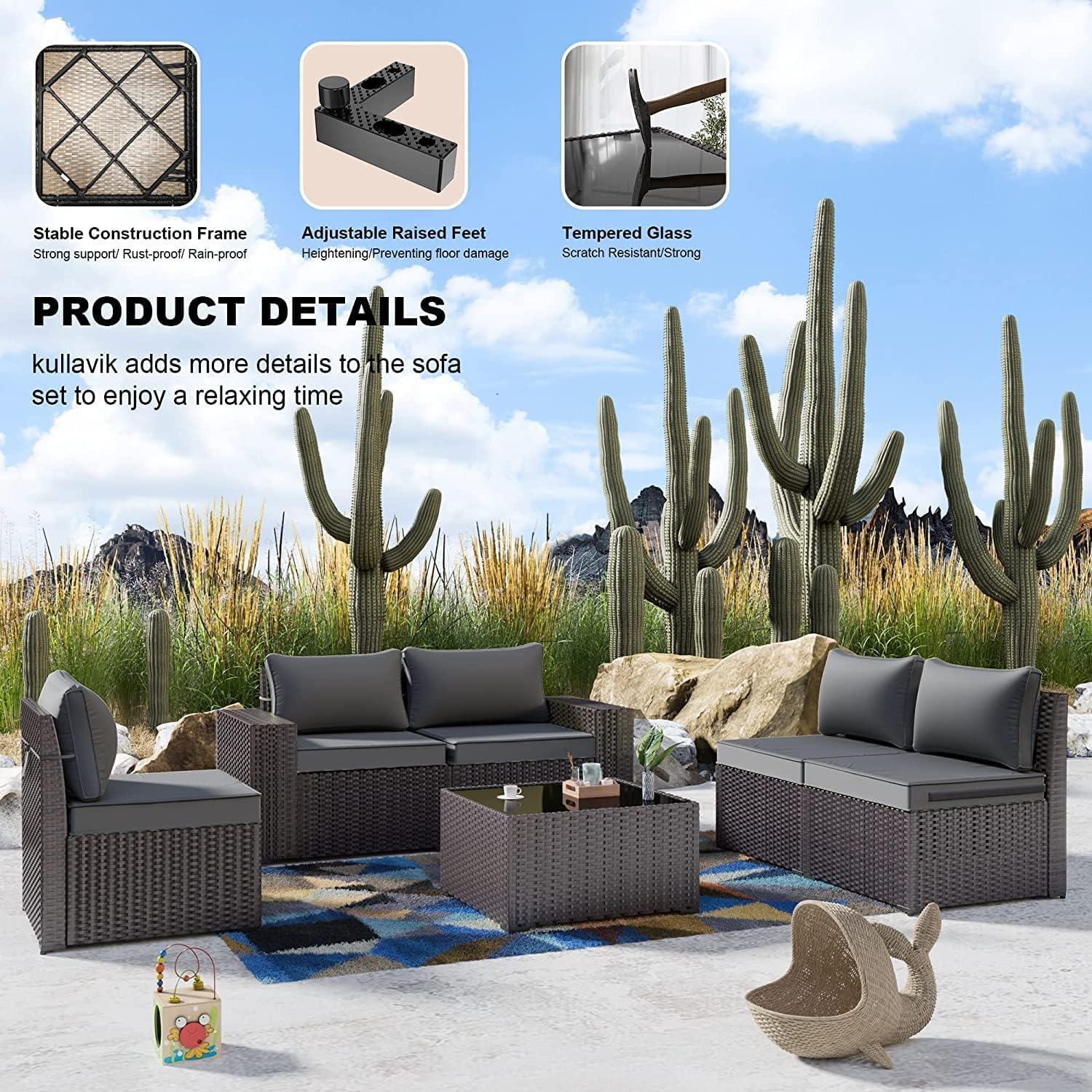 12-Piece Brown Steel Wicker Outdoor Sectional Set with Grey Cushions