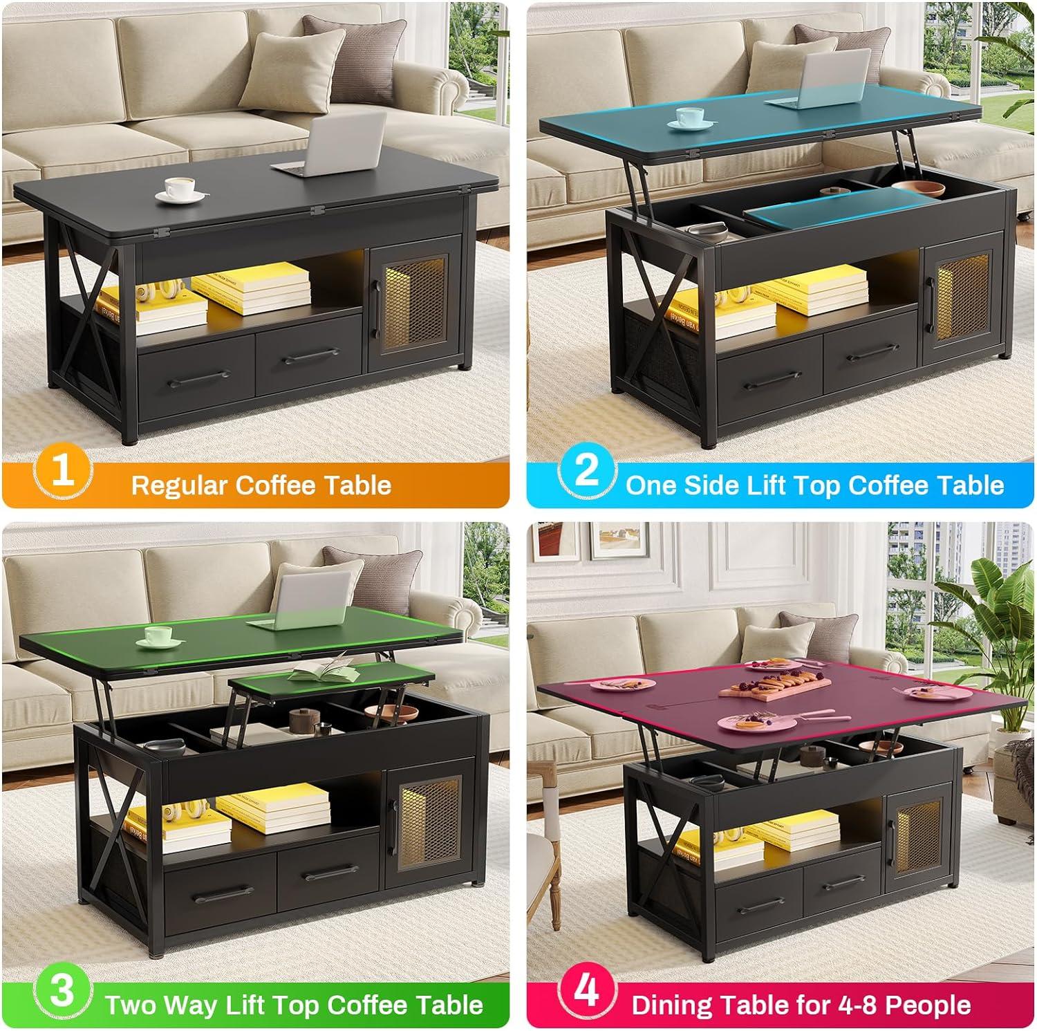 4 in 1 Lift Top Coffee Table with LED Light and 2 Fabric Drawers, 40" Farmhouse Coffee Table, Black