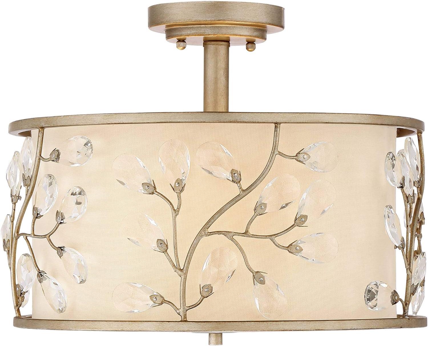 Barnes and Ivy Crystal Buds Vintage Ceiling Light Semi Flush Mount Fixture 16" Wide Antique Silver 3-Light Beige Fabric Drum Shade for Bedroom Kitchen