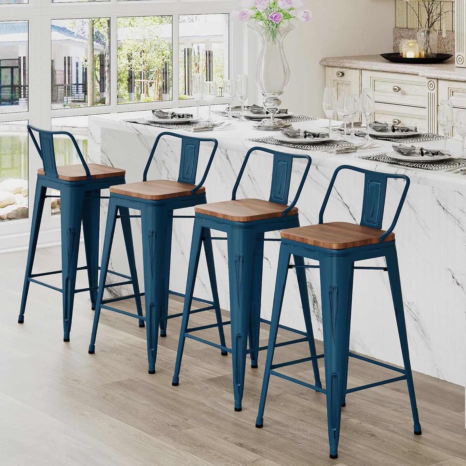 Distressed Navy Industrial Metal Bar Stools with Wood Seats