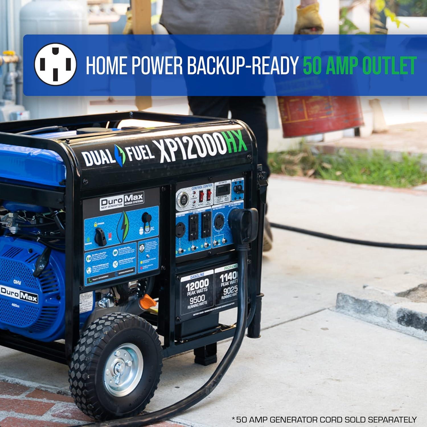 DuroMax XP12000HX 12,000-Watt Dual Fuel Portable Generator - Gas & Propane, Electric Start, Whole Home Power Backup, Transfer Switch Ready, RV & Emergency Ready