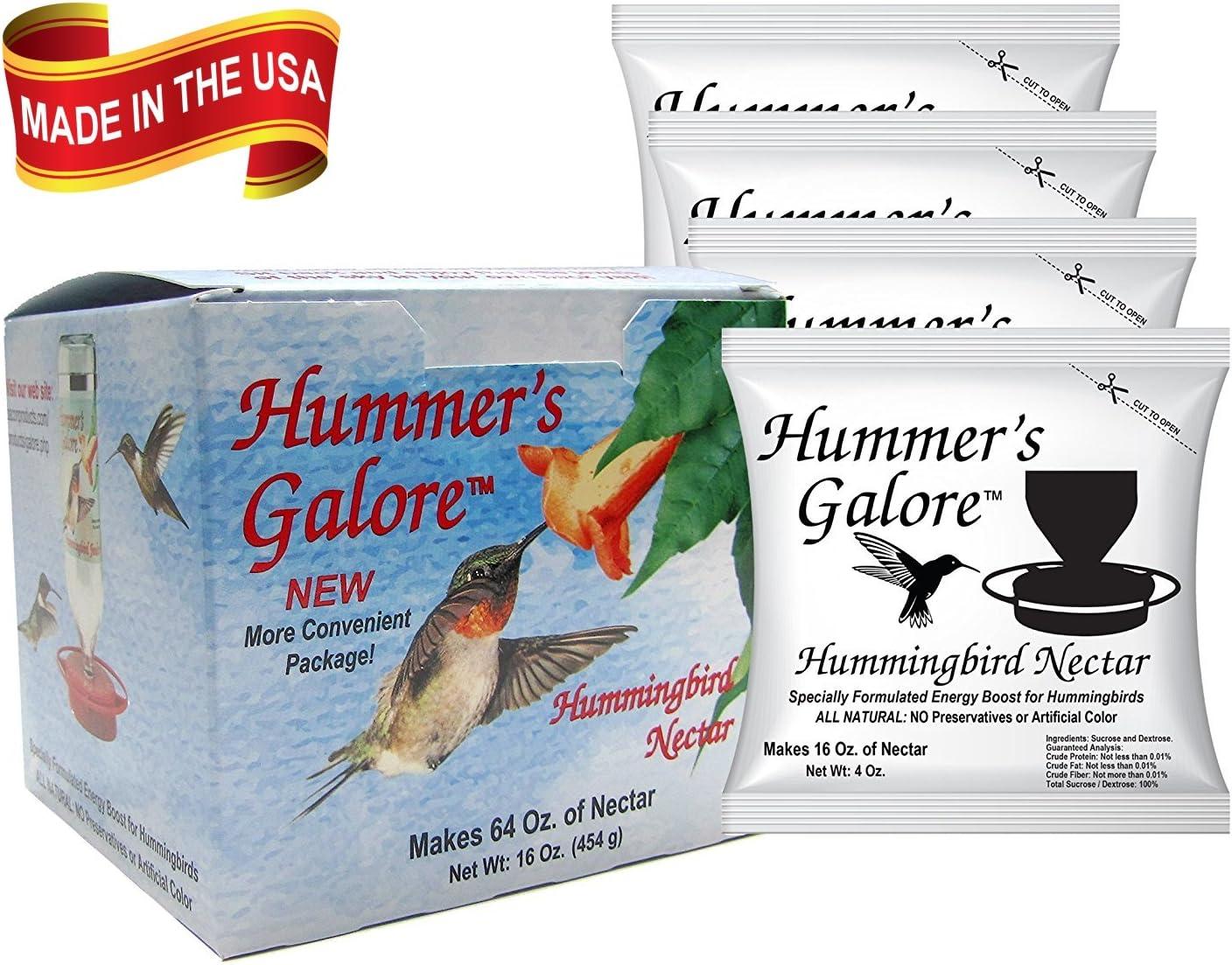Hummer's Galore Hummingbird Food - Ready-to-Mix Hummingbird Nectar, All-Natural Nectar Collector Formula, No Preservatives or Dyes, Makes 64 Ounces (4 Packets Included)