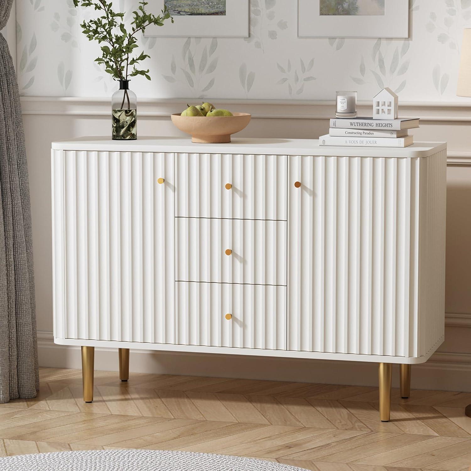 White Fluted 48-Inch Modern Sideboard Cabinet with Gold Handles