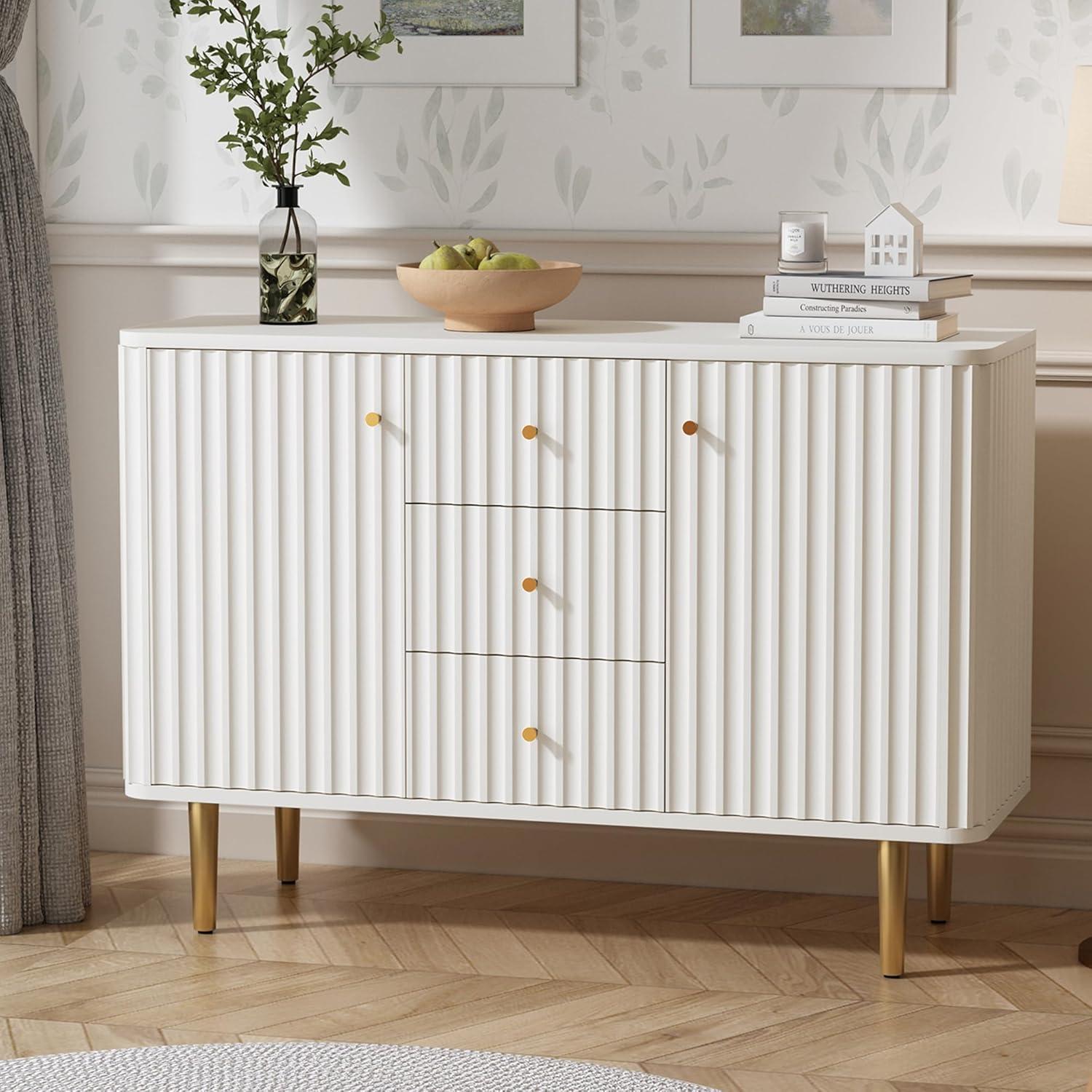 Lunale 48" 3-Door Storage Buffet Cabinet, Cabinet with Vertical Stripes Design Doors and Metal Handles for Living Room, White