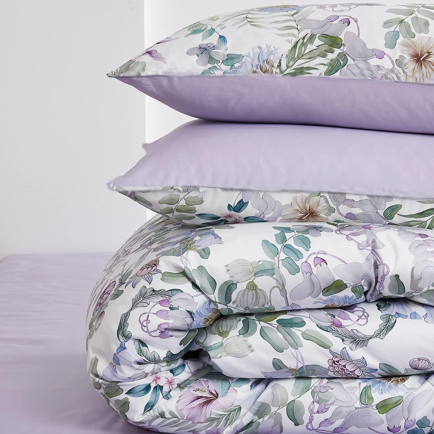 Floral Duvet Cover Set Garden Style King 3 Pieces Bedding Set, Ultra Soft Green Leaves Botanical Flowers Pattern Lavender Reversible Farmhouse 1 Comforter Cover + 2 Pillowshams(No Comforter)