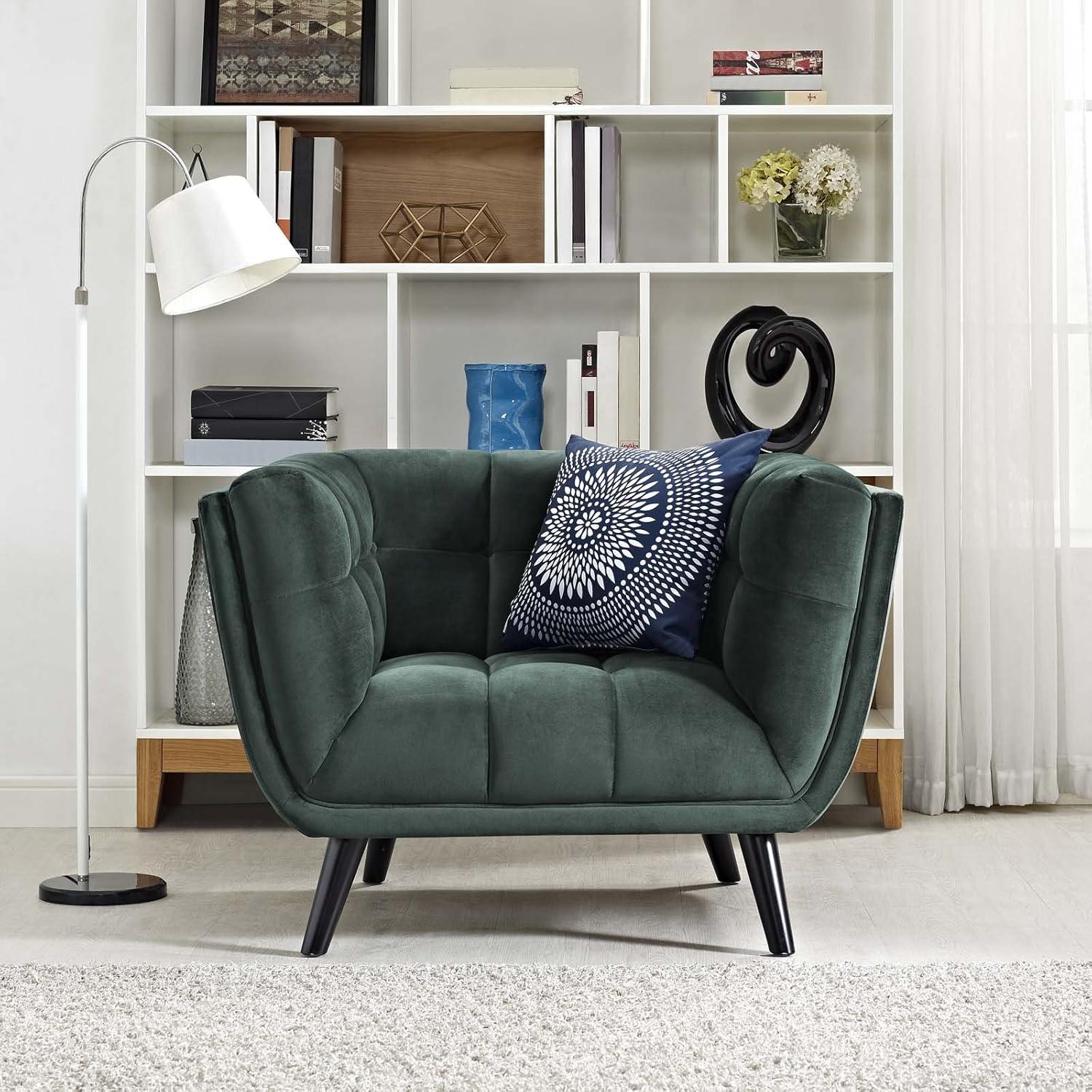 Green Velvet Mid-Century Modern Armchair with Black Legs