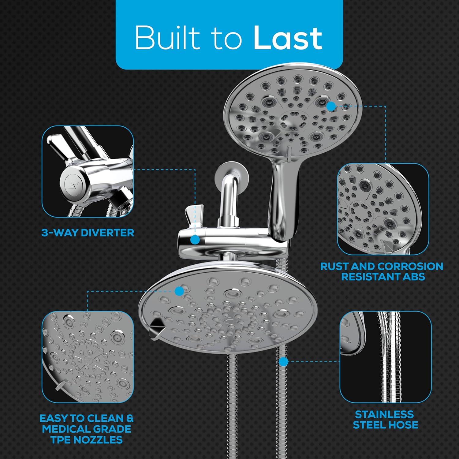 SparkPod Dual Shower Head - 8'' High Pressure Rain Shower Heads with Handheld Spray Combo - Rainfall, Handheld & Dual Mode - Easy Install 3-Way Showerhead with Hose & Holder (Midnight Black Matte)