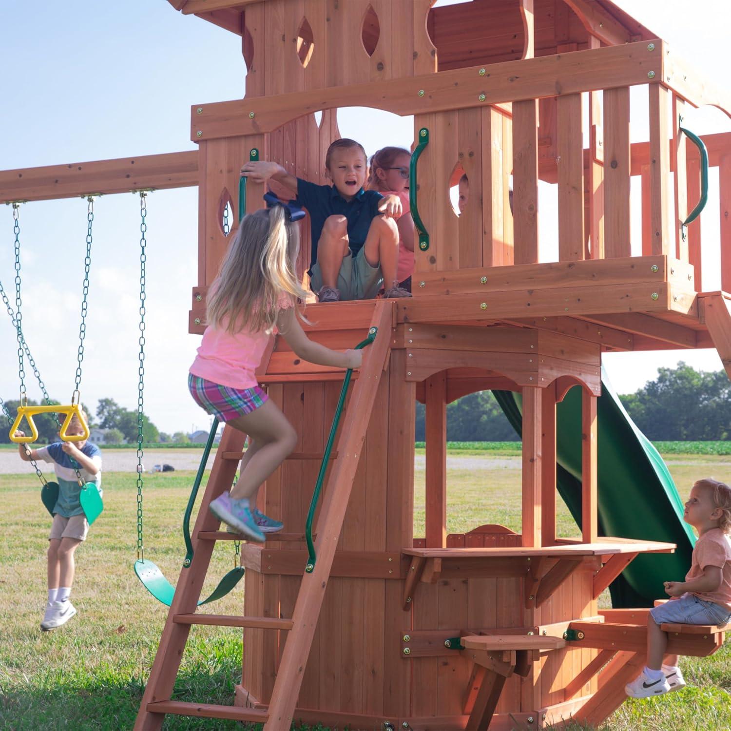 Woodland Cedar Wood Playset with Green Slide and Swings