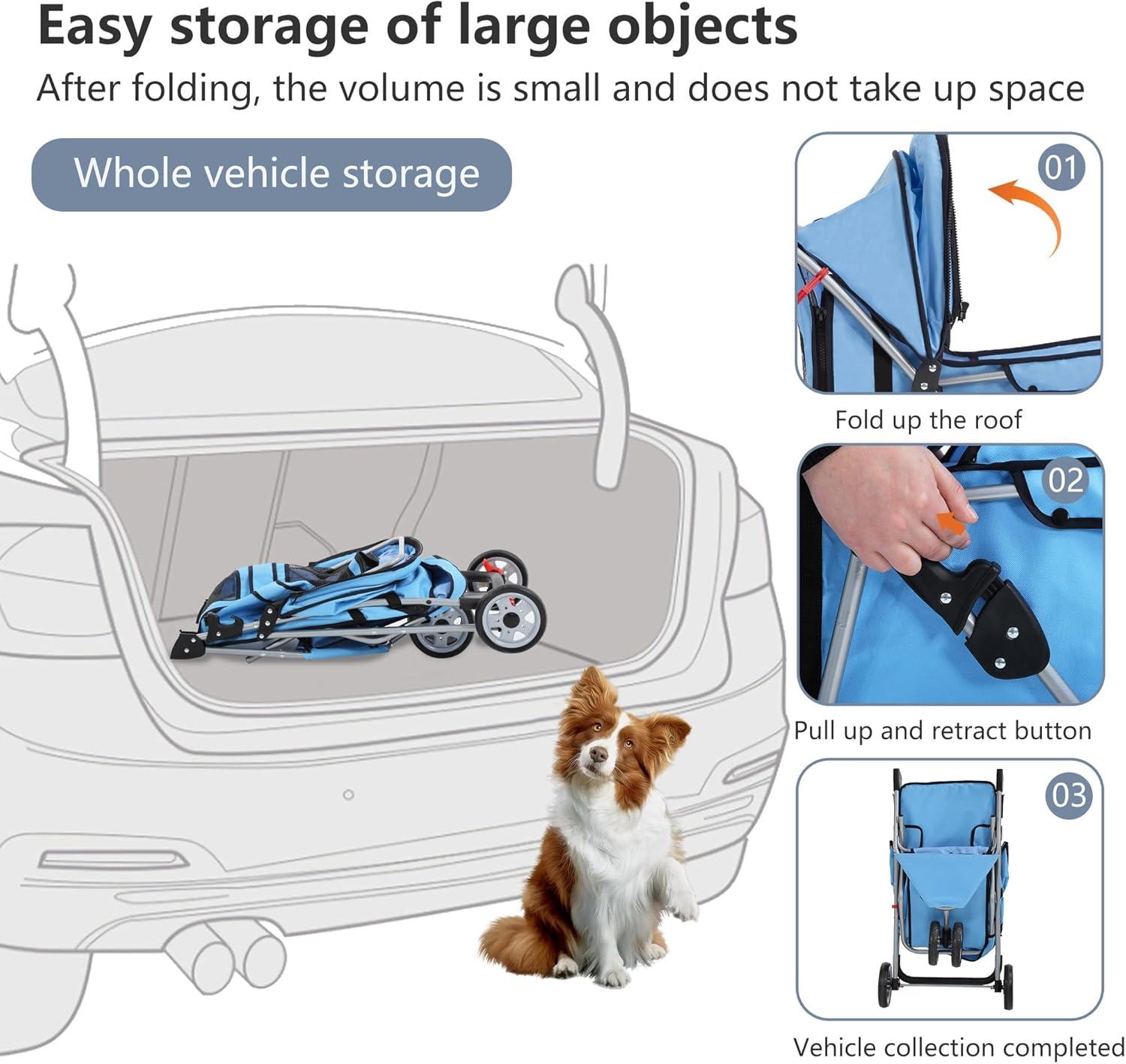 ToccoLeggero Pet Stroller Foldable Dog Stroller 3-Wheel Durable Cat Jogger Stroller For Small And Medium Dogs Cats With Washable Liner Storage Basket Cup Holder