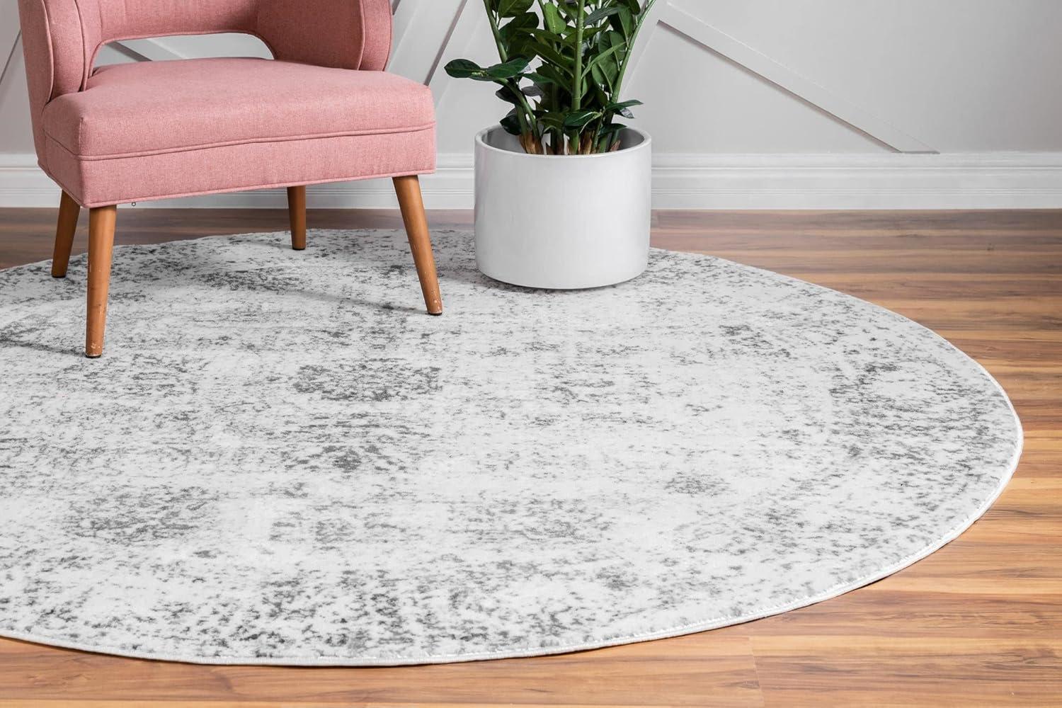 Gray and White Round Floral Synthetic Area Rug