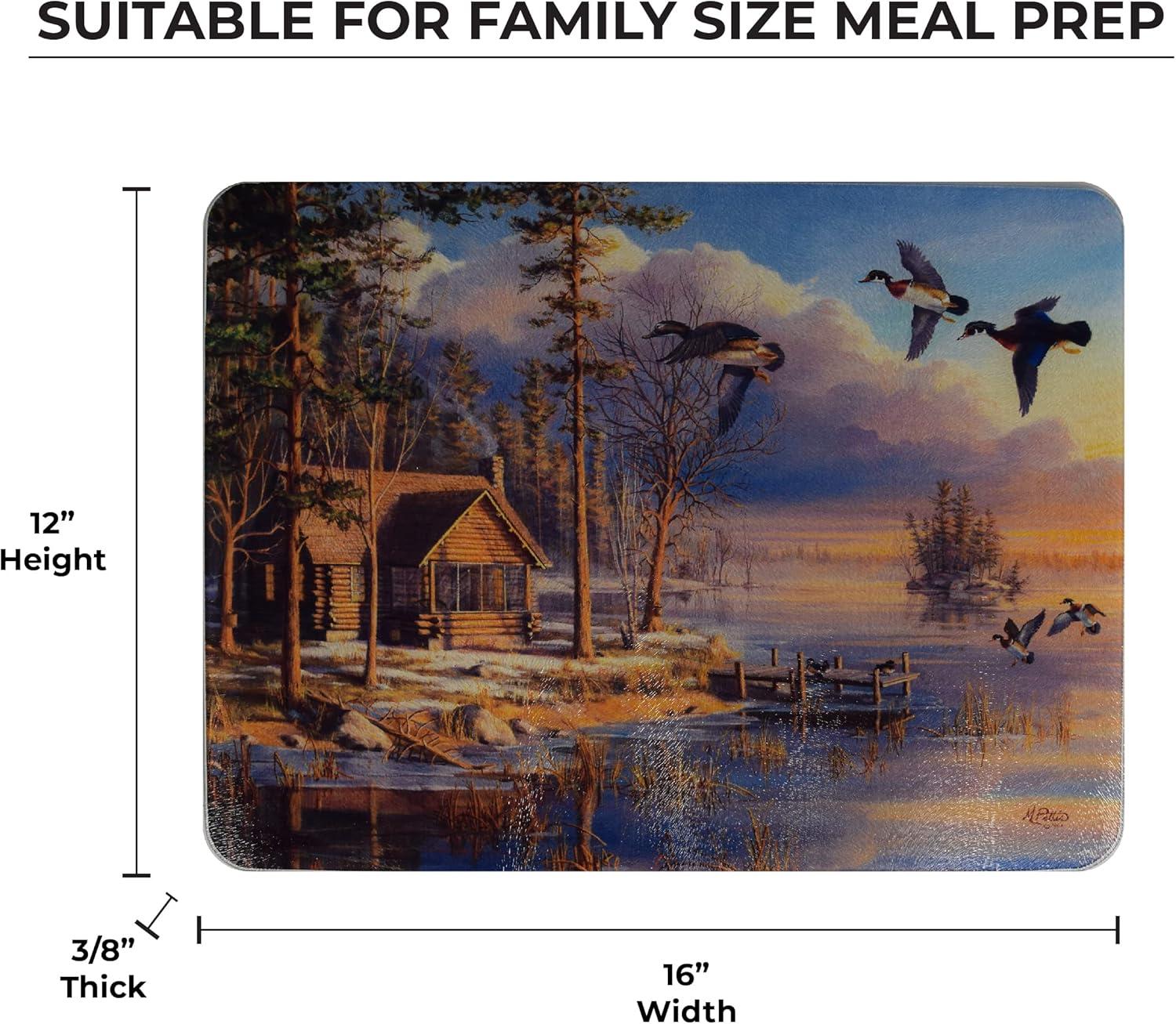 Rivers Edge Products Large 12in x 16in Decorative Tempered Glass Cutting Board, Hypoallergenic, Non Slip, Textured Surface Chopping Board for Kitchen, Cabin in the Woods, Spring Arrivals