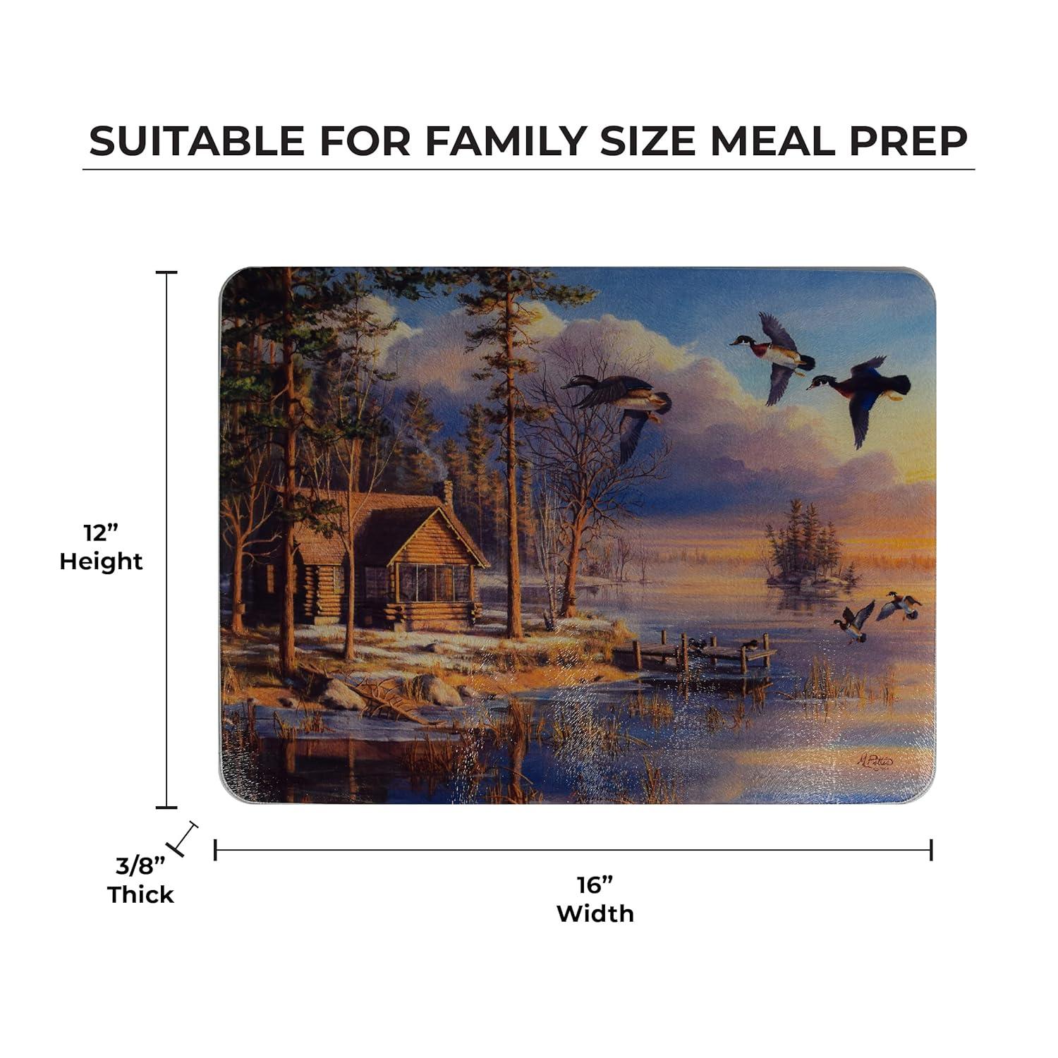 Rivers Edge Products Large 12in x 16in Decorative Tempered Glass Cutting Board, Hypoallergenic, Non Slip, Textured Surface Chopping Board for Kitchen, Cabin in the Woods, Spring Arrivals