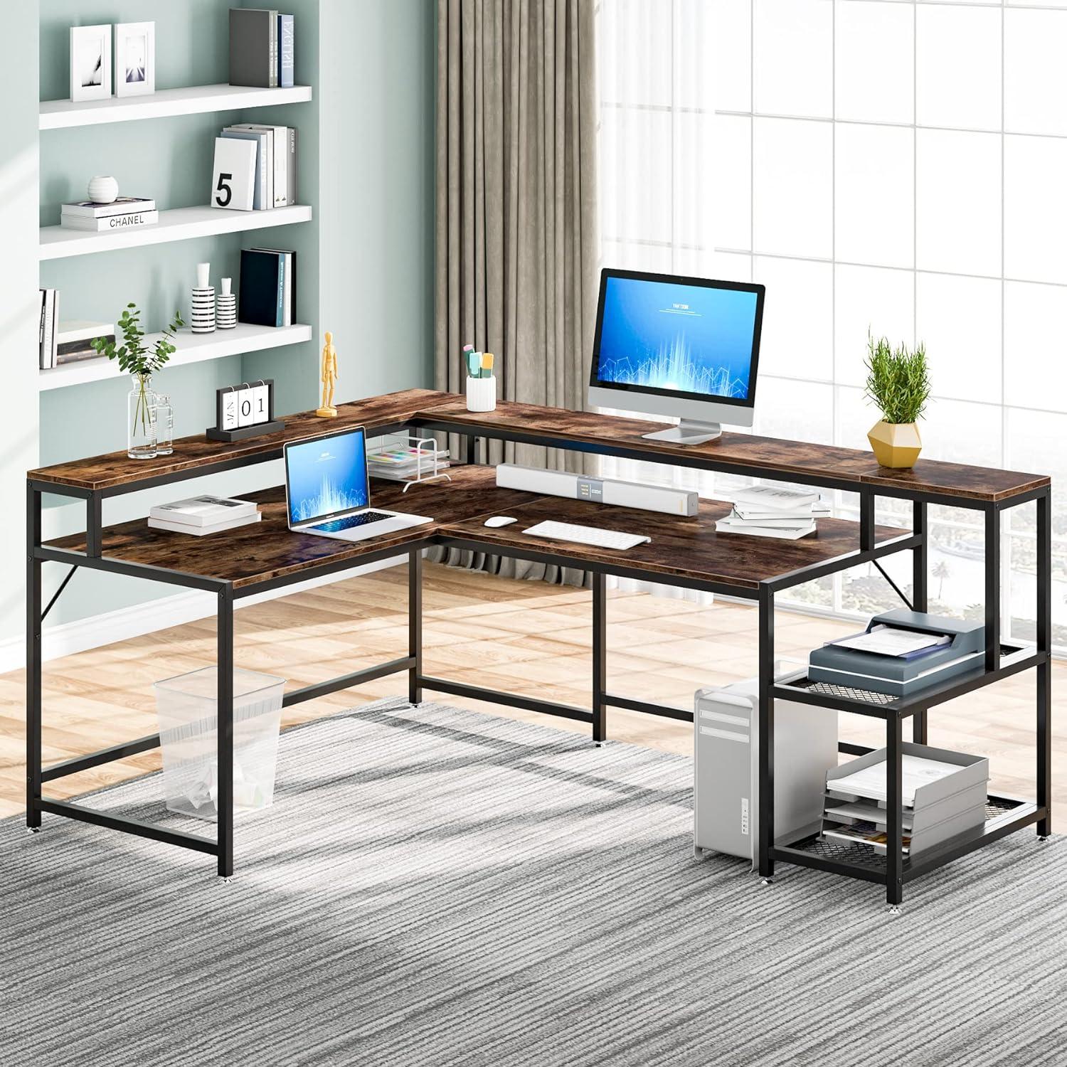 Extra Large Brown L-Shaped Computer Desk with Storage Shelves