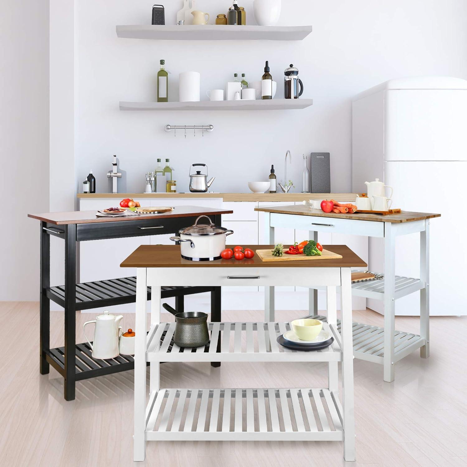 White and Natural Cherry Wood Kitchen Island with Shelves