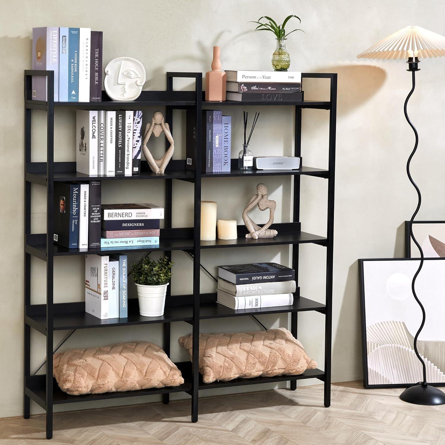 Black Metal and Particle Board 5-Tier Tall Bookshelf