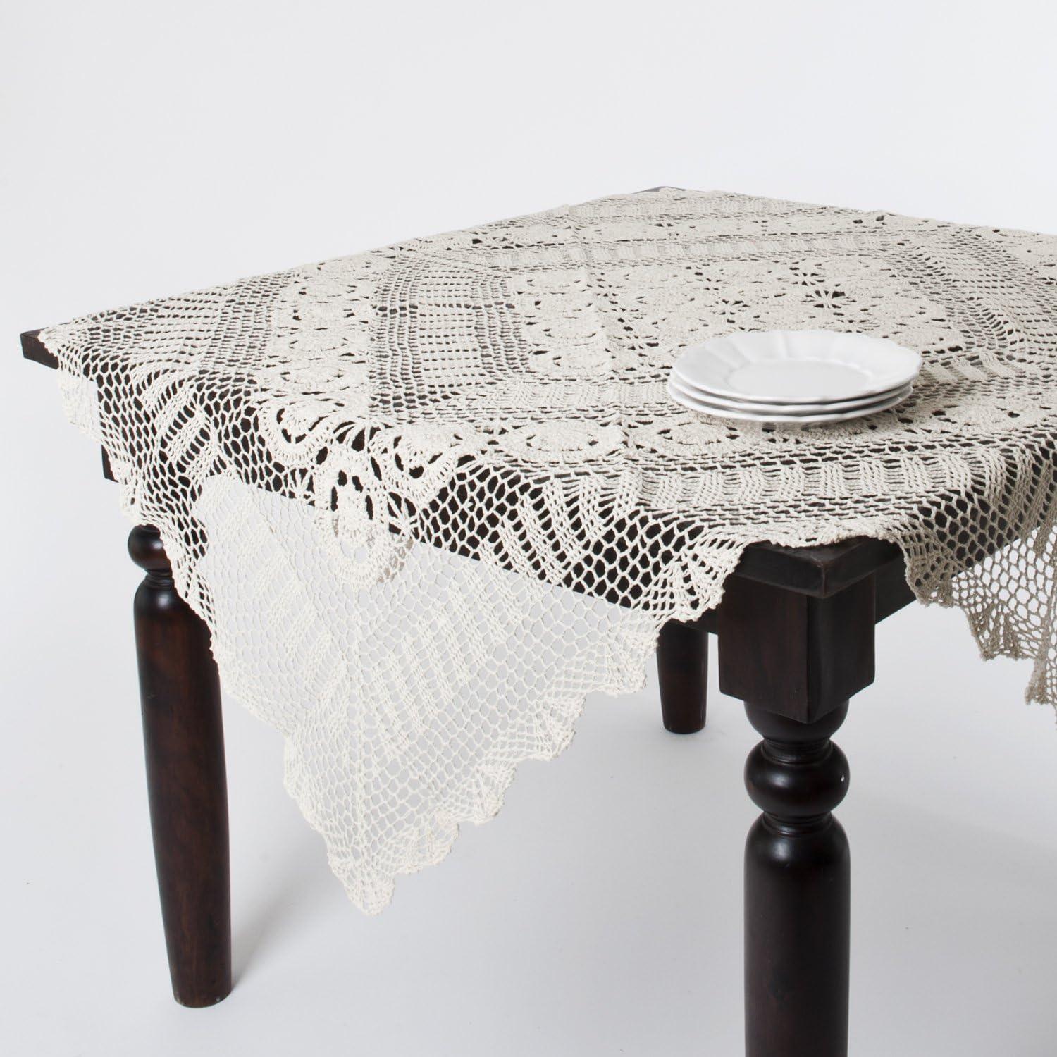 Saro Lifestyle Handmade Crochet Cotton Lace Table Linens, Beige, 36" x 36"